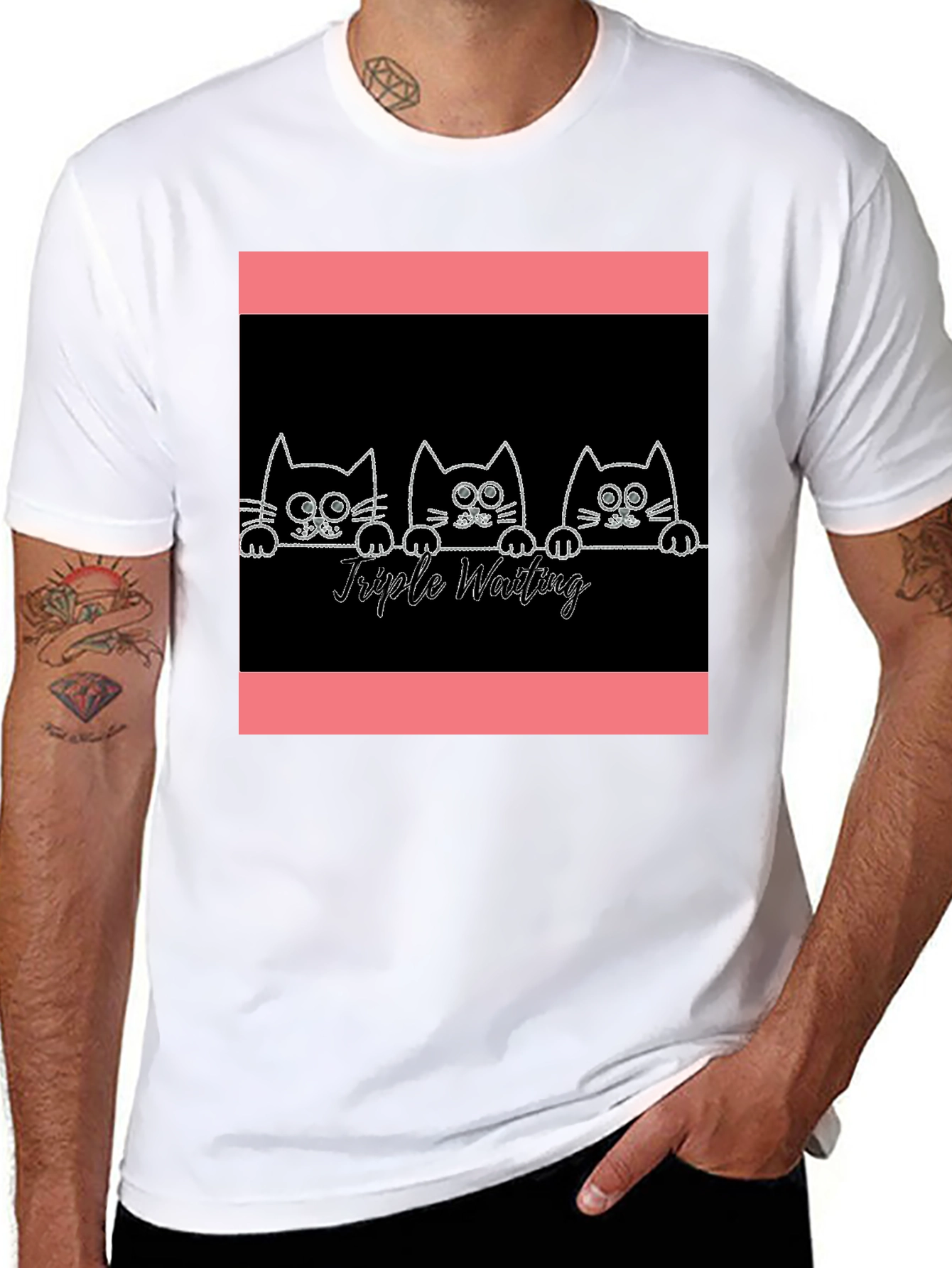 Black Triple Waiting Cats Graphic Tee - Soft Black Cotton T-Shirt view 8