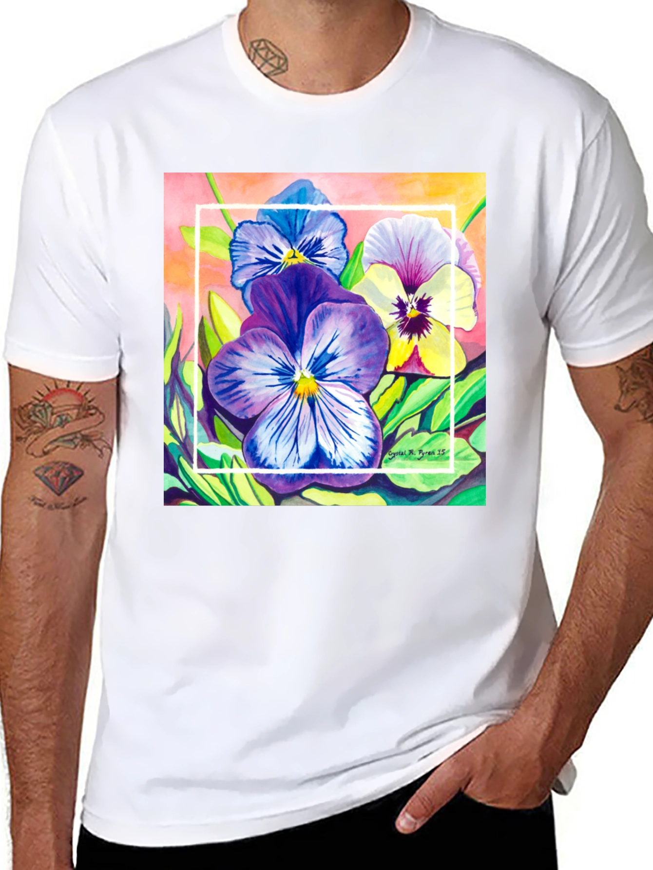 Black Floral Pansies Watercolor T-Shirt view 8