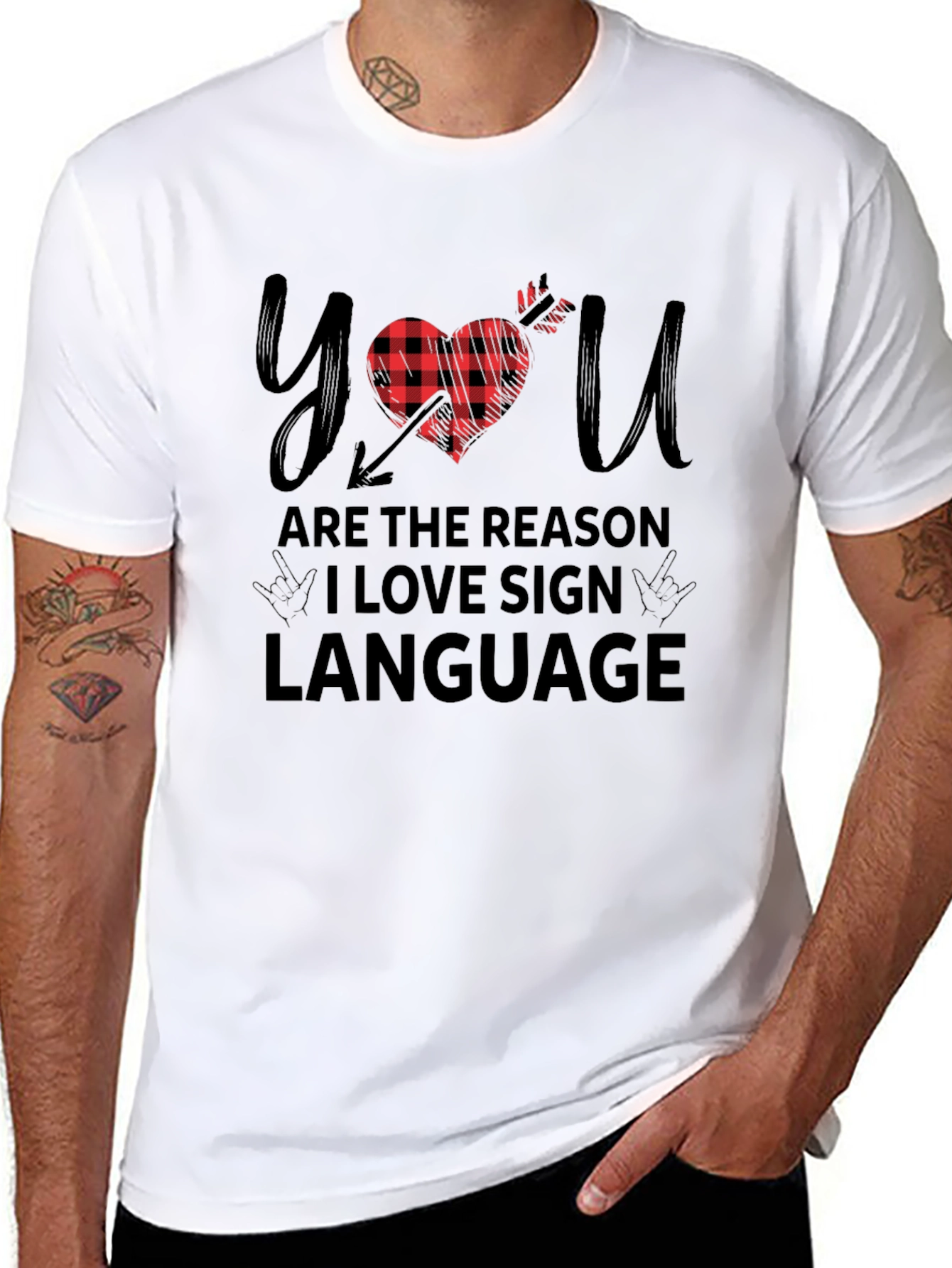 Black You Are The Reason I Love Sign Language Buffalo Plaid Heart Arrow T-Shirt view 8