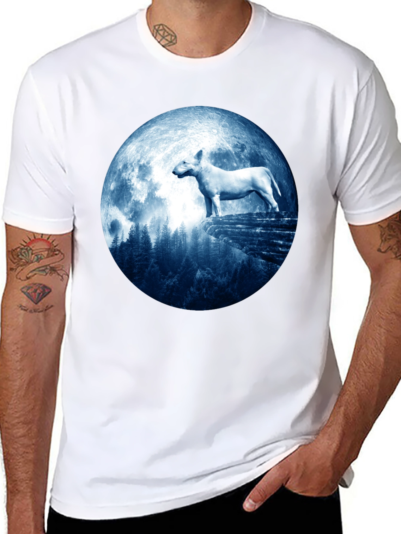 Black Bull Terrier Moon Men's Black T-Shirt view 8