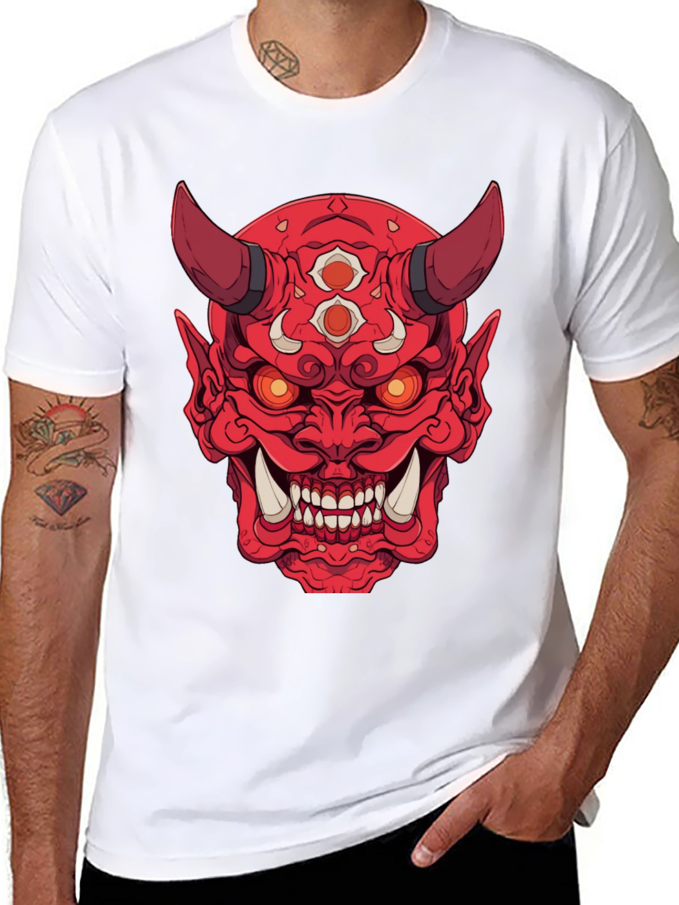 Black Red Oni Demon Graphic Print Black T-Shirt view 8