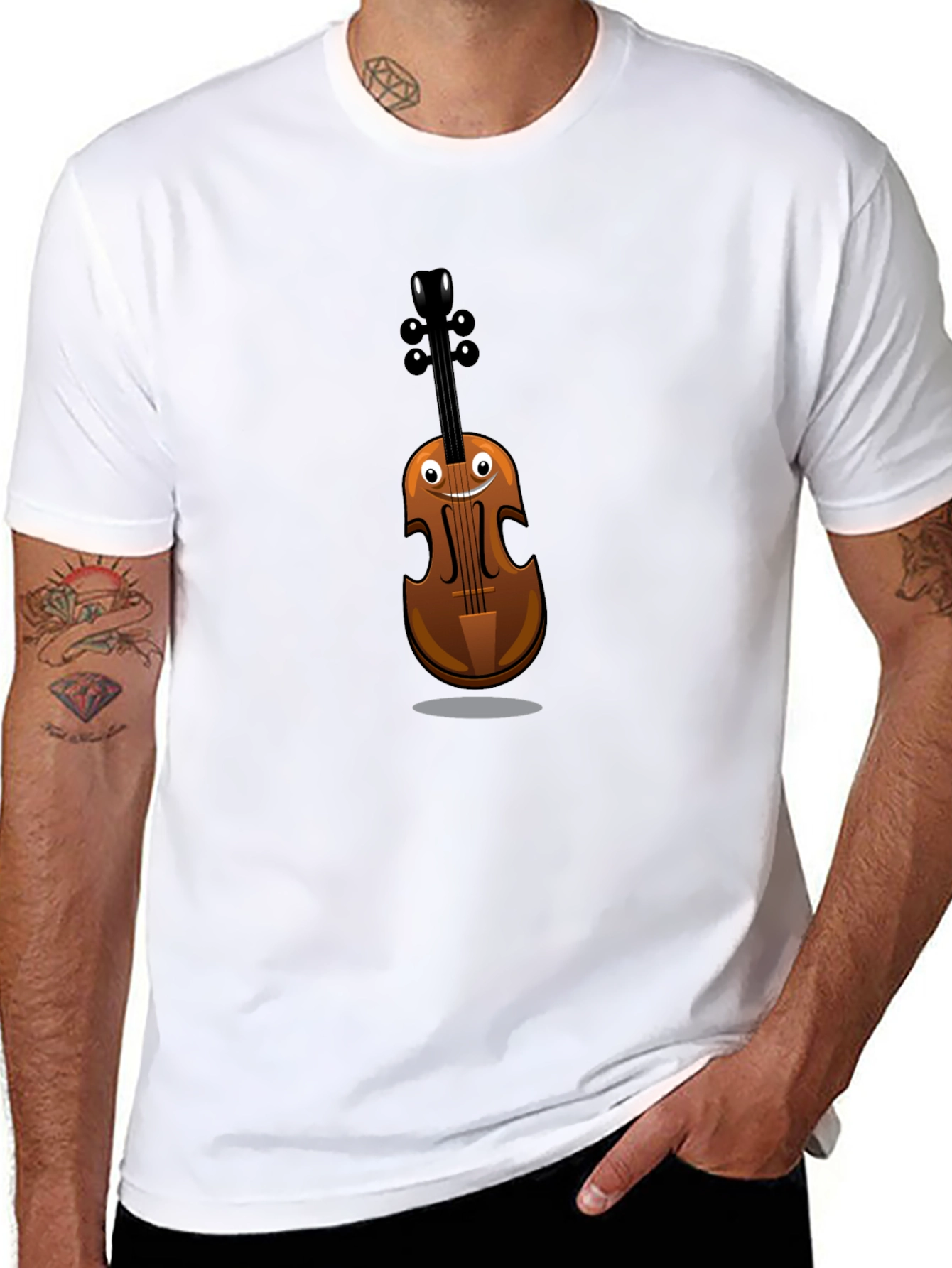 Black Funny Cartoon Violin Graphic Tee - Black Cotton Shirt view 8