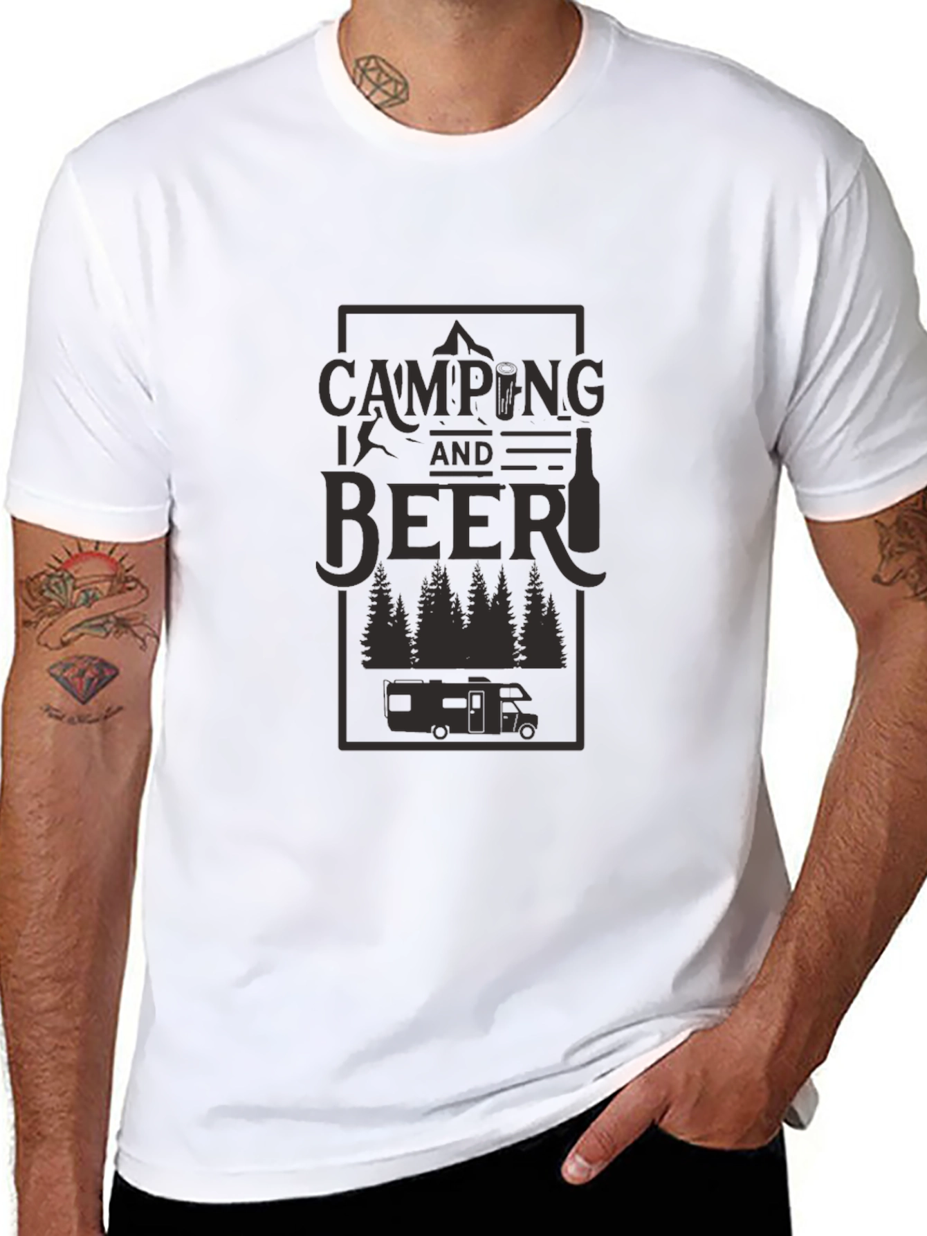 Black Camping and Beer Graphic Tee - Black Cotton T-Shirt view 8