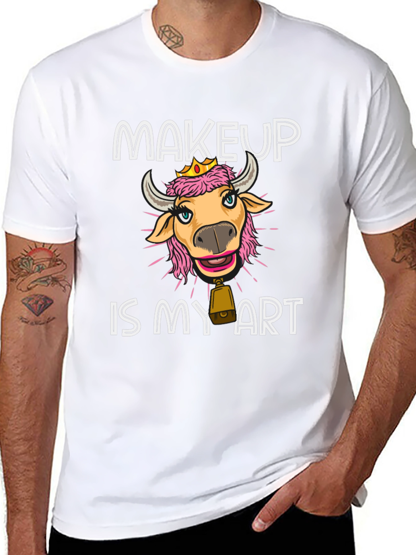 Black Makeup Cow Art T-Shirt Funny Graphic Tee view 8