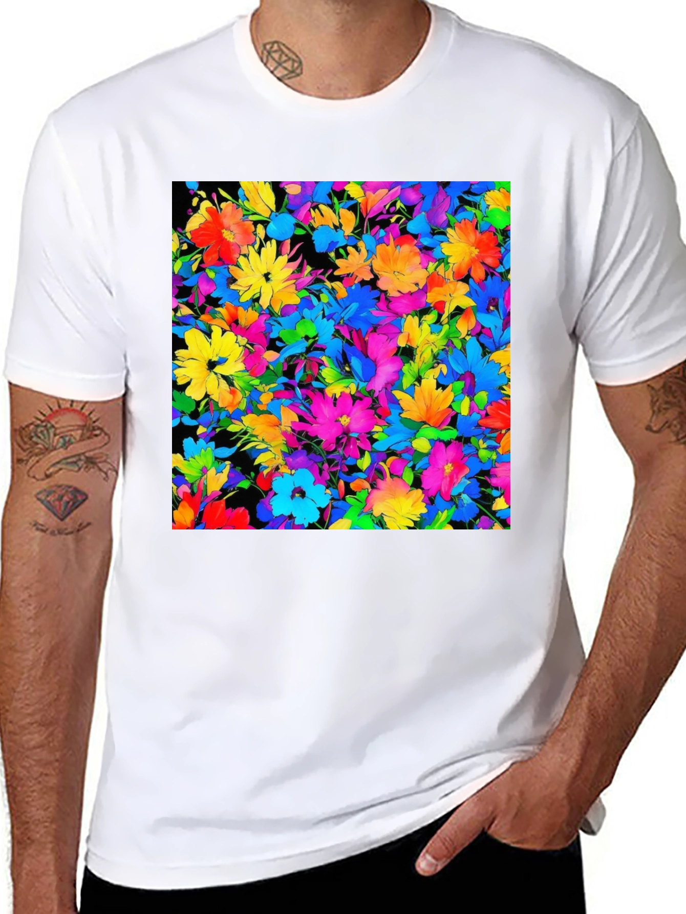 Black Colorful Floral Print Men's Black T-Shirt view 8