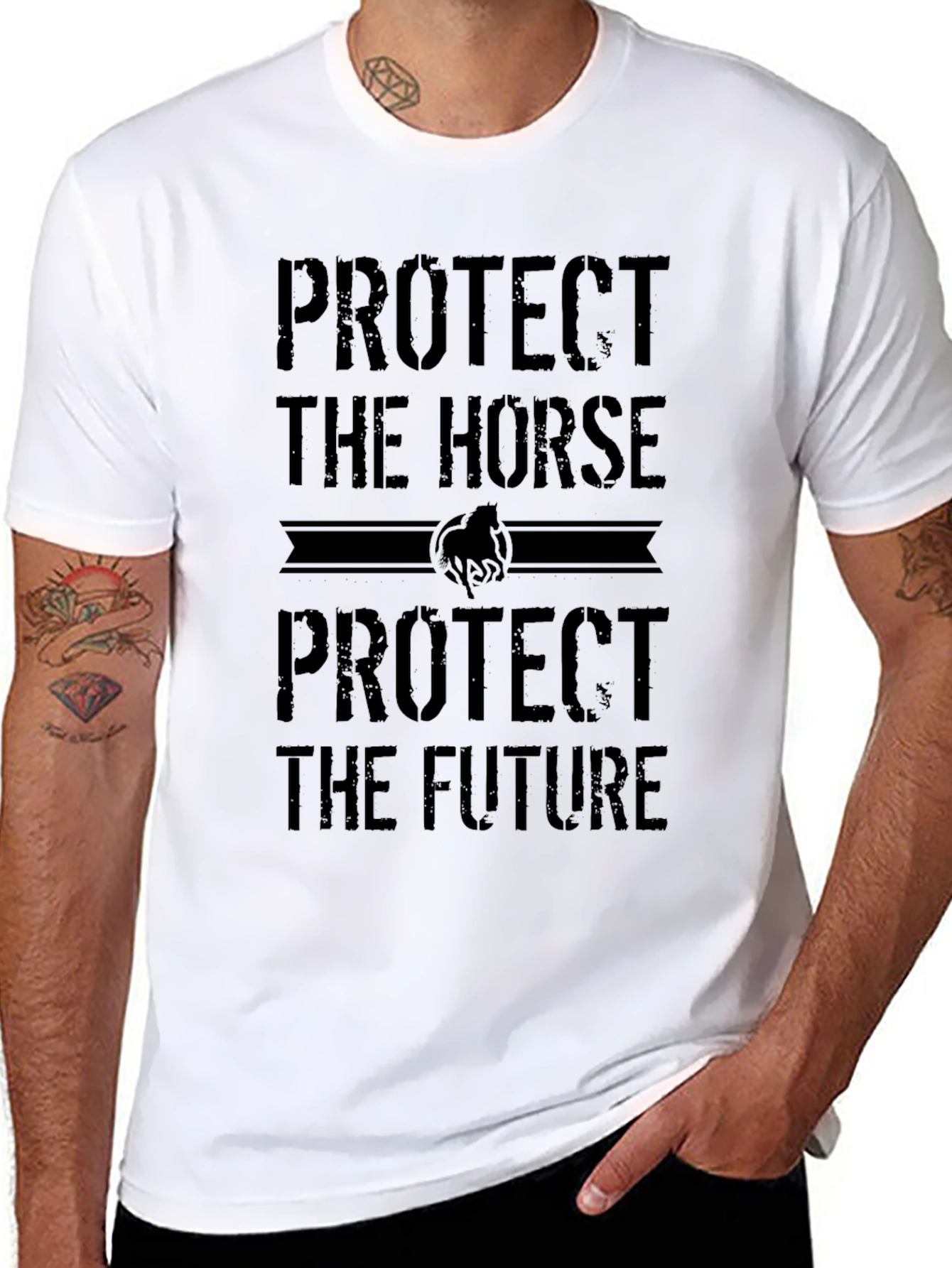 Black Protect the Horse T-Shirt: Unisex Black Tee view 8