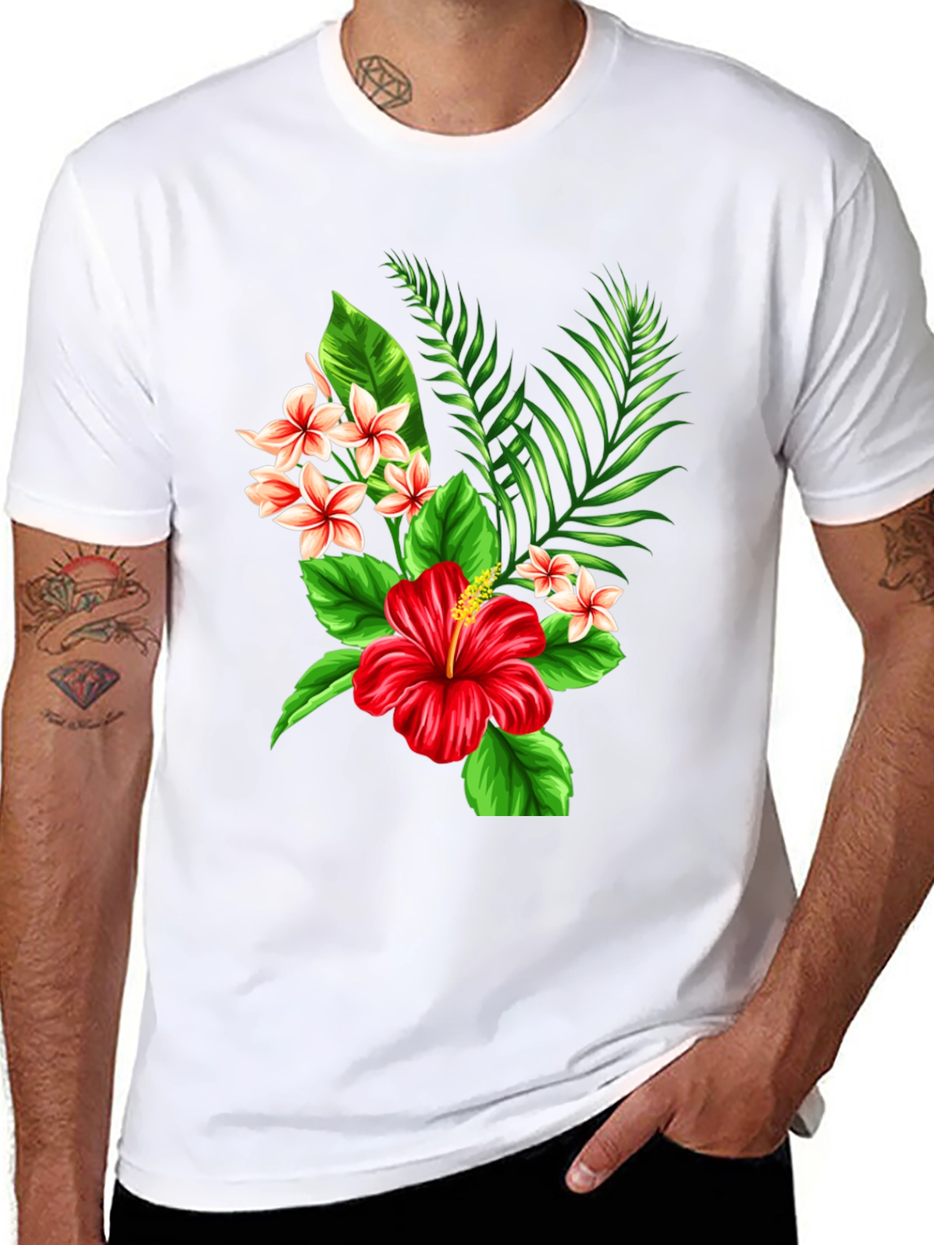 Black Tropical Floral T-Shirt - Red Hibiscus & Plumeria Design view 8