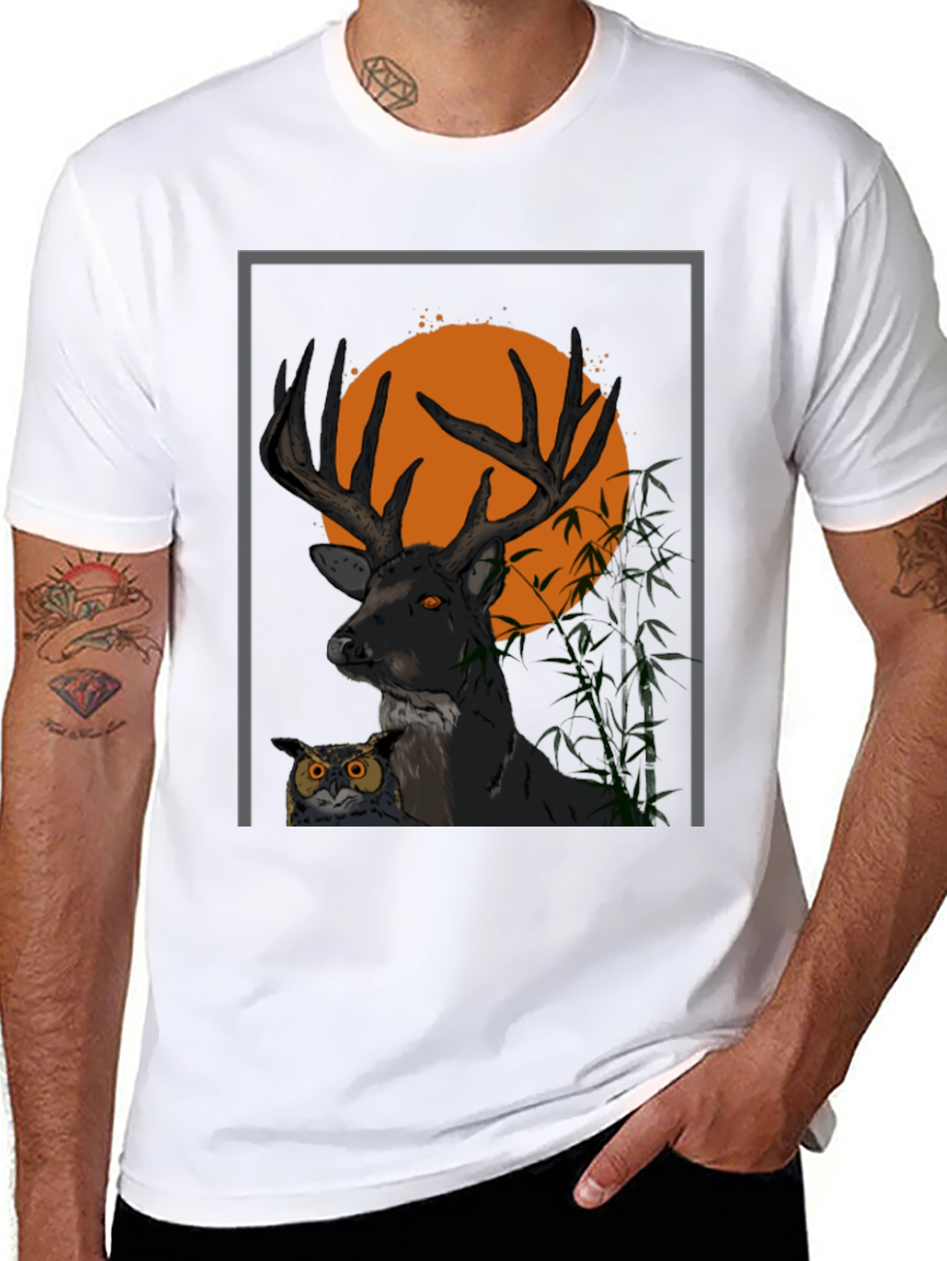 Black Deer & Owl Graphic Tee - Nature Inspired Men's Shirt view 8