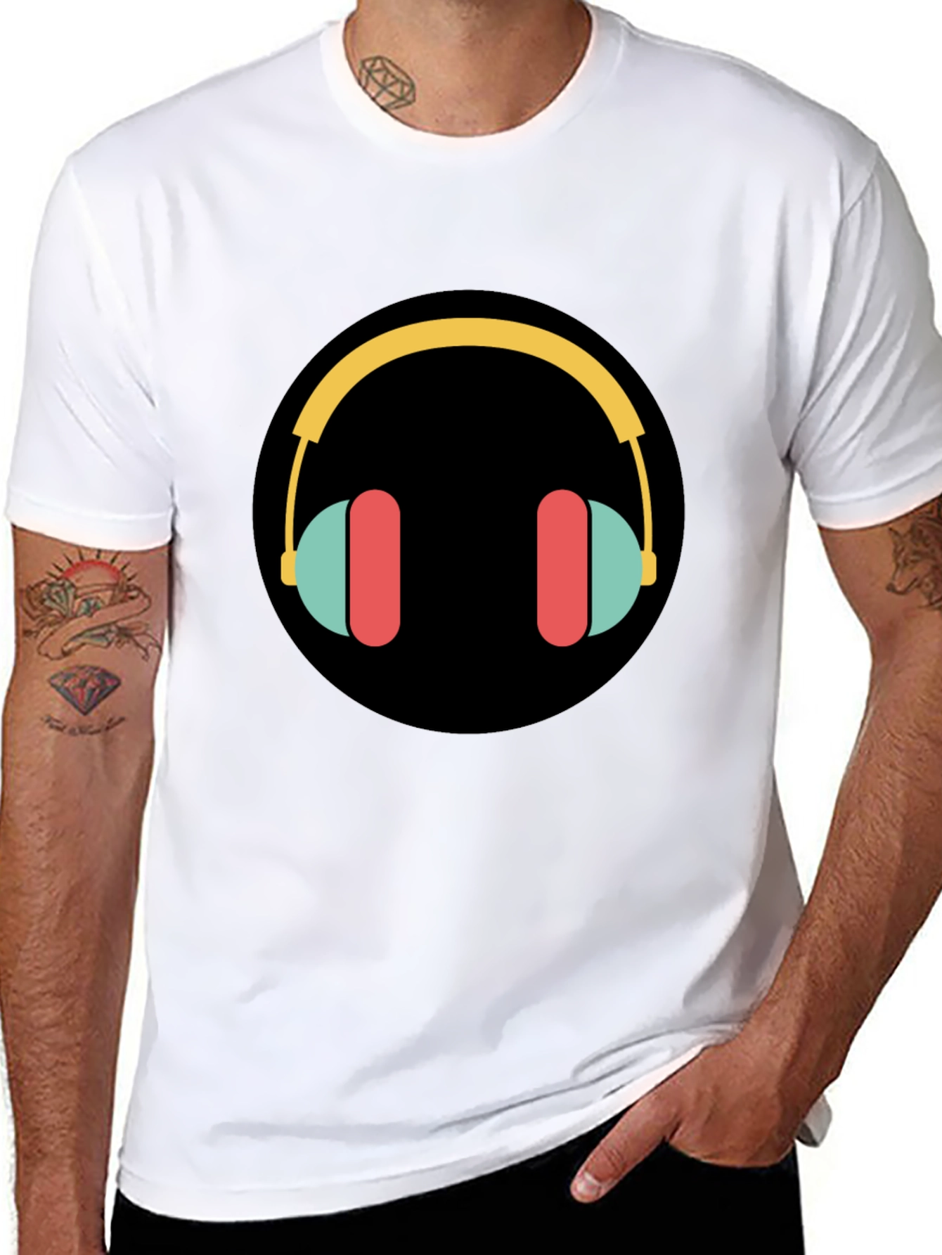 Black Stylish Graphic Tee - Headphones Design view 8