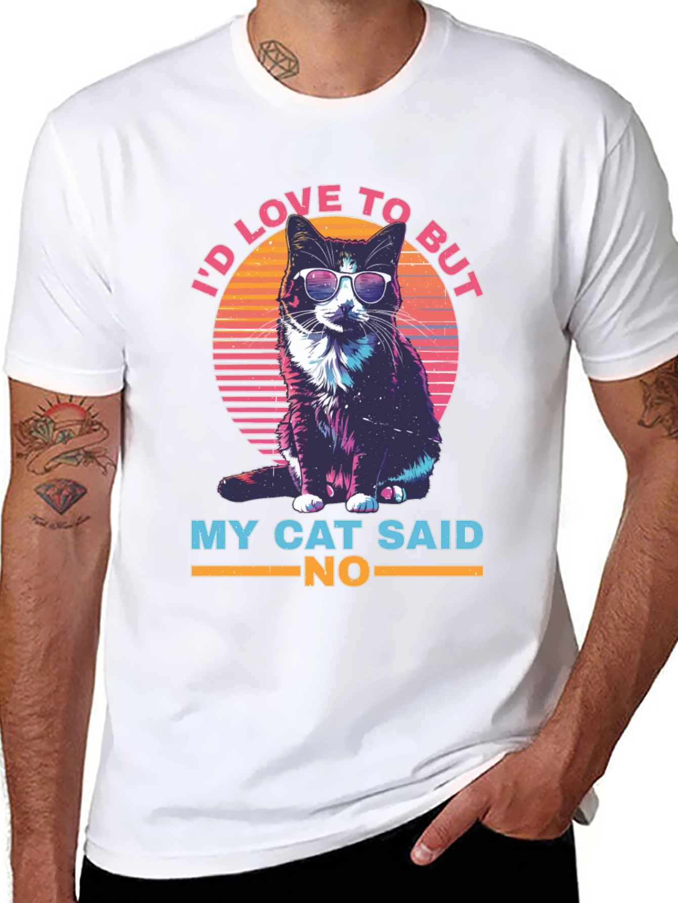 Black Cool Cat T-Shirt - I'd Love To But My Cat Said No view 8