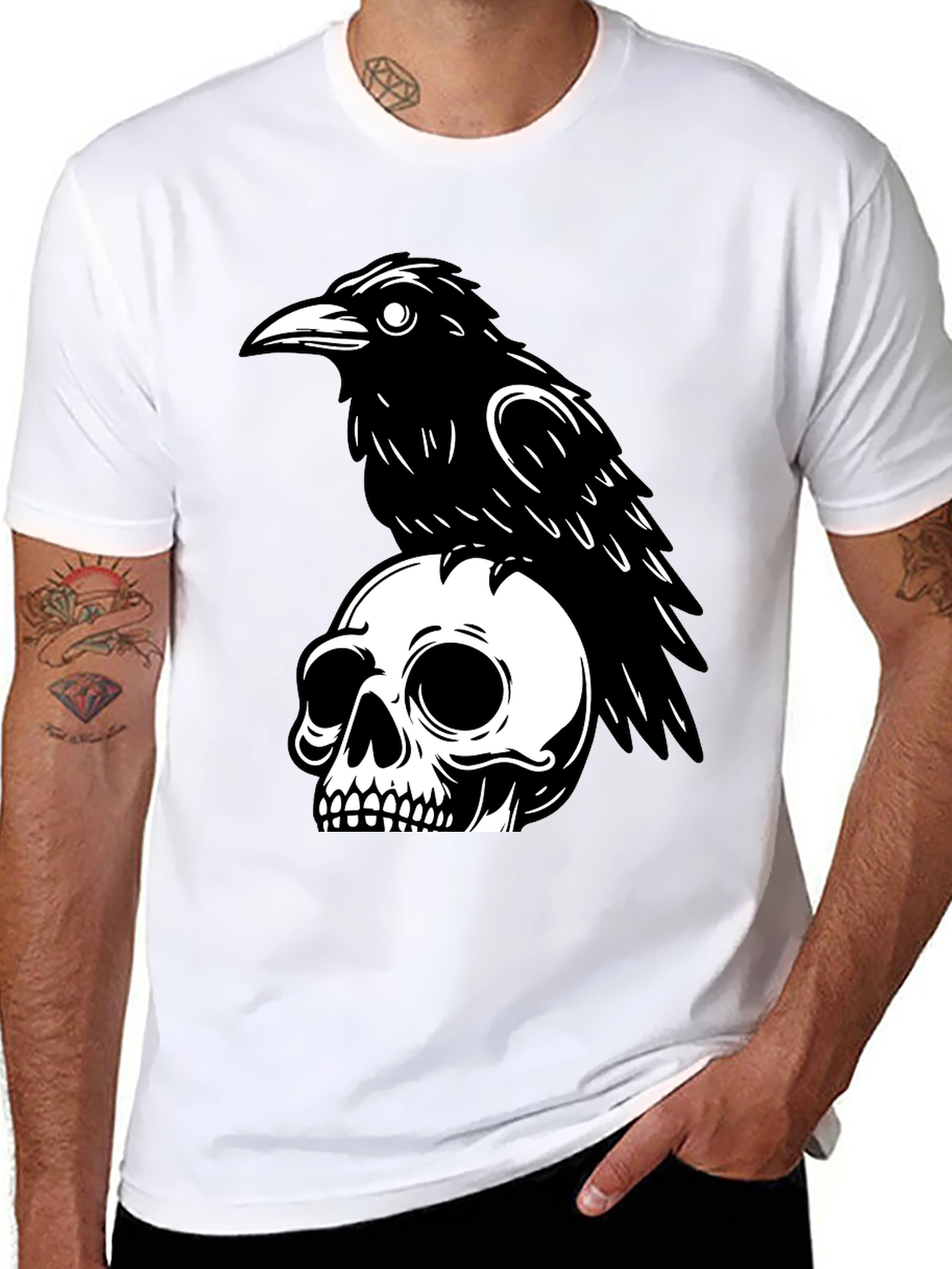 Black Raven on Skull Graphic T-Shirt - Black view 8