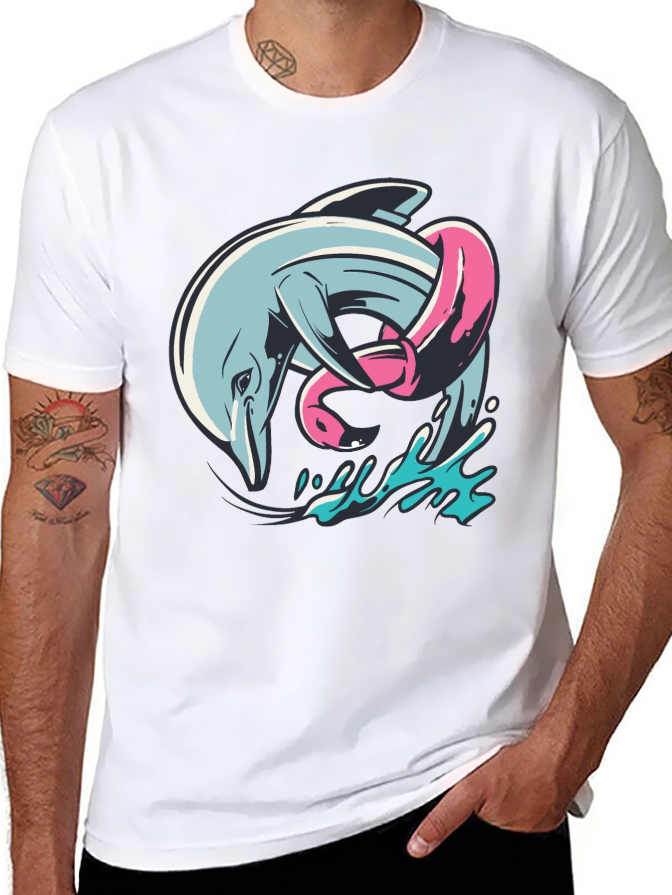 Black Dolphin & Flamingo T-Shirt - Unique Graphic Tee view 8
