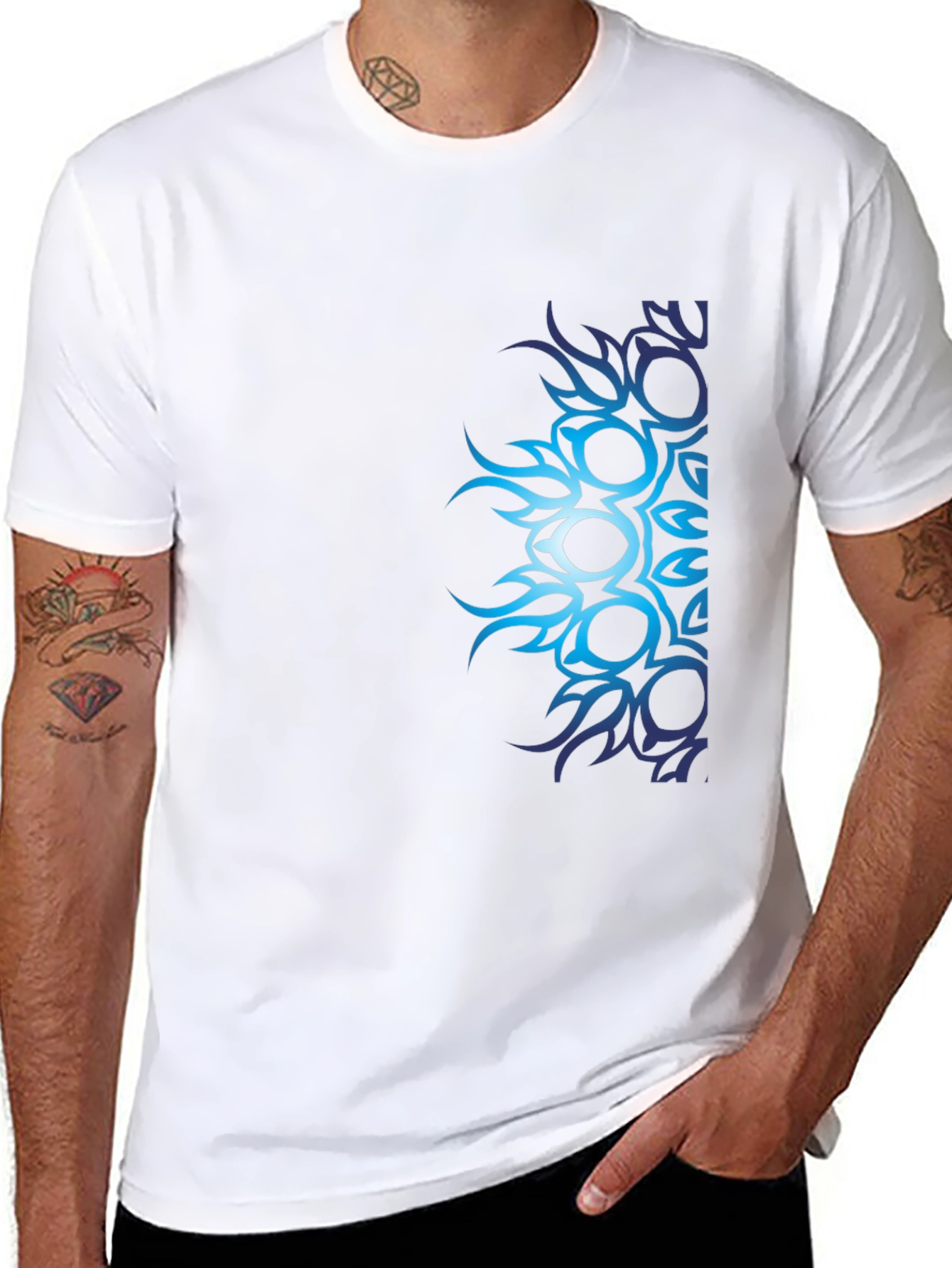 Black Men's Black T-Shirt with Blue Tribal Design view 8