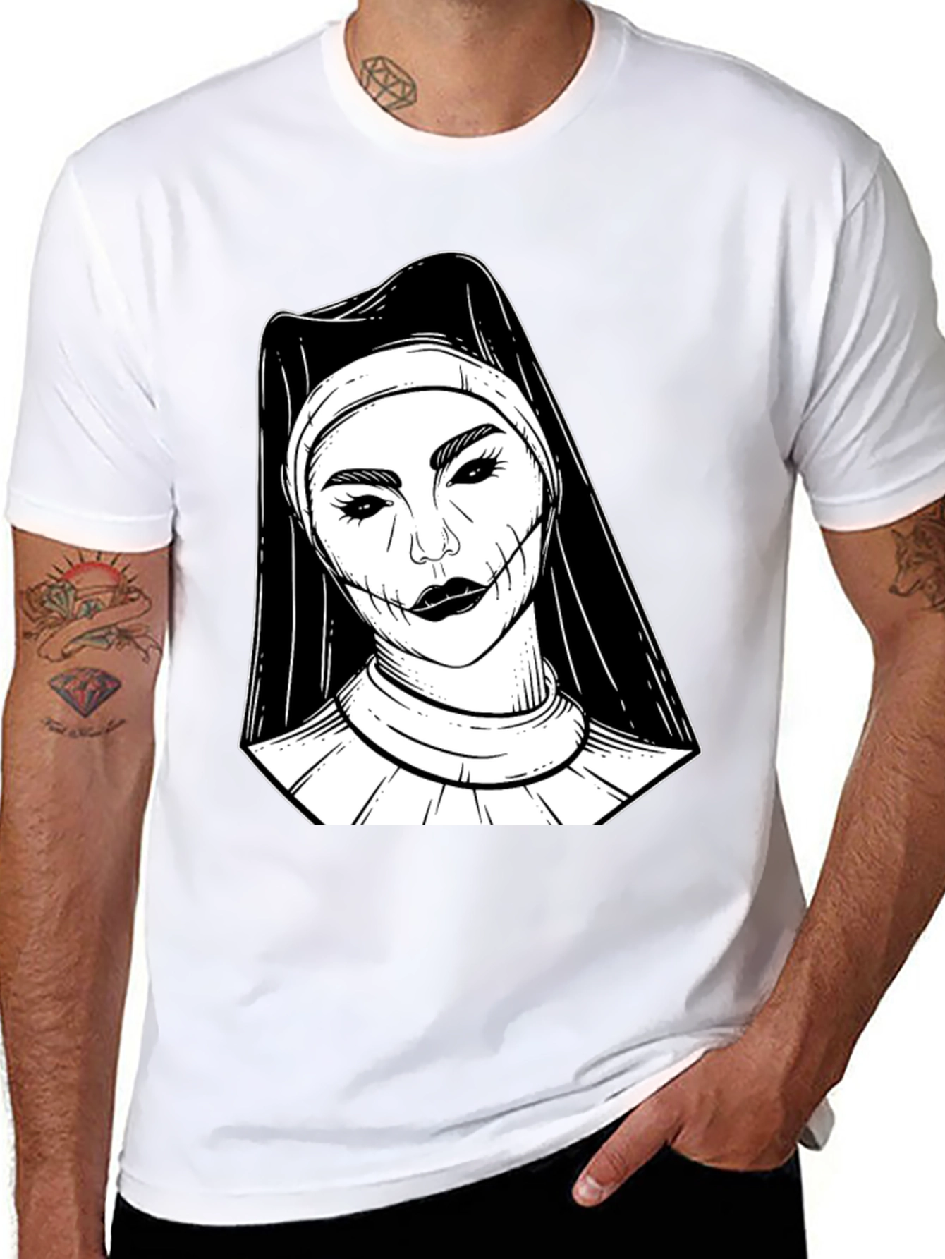 Black Creepy Nun Graphic Tee - Black Cotton Blend Shirt view 8