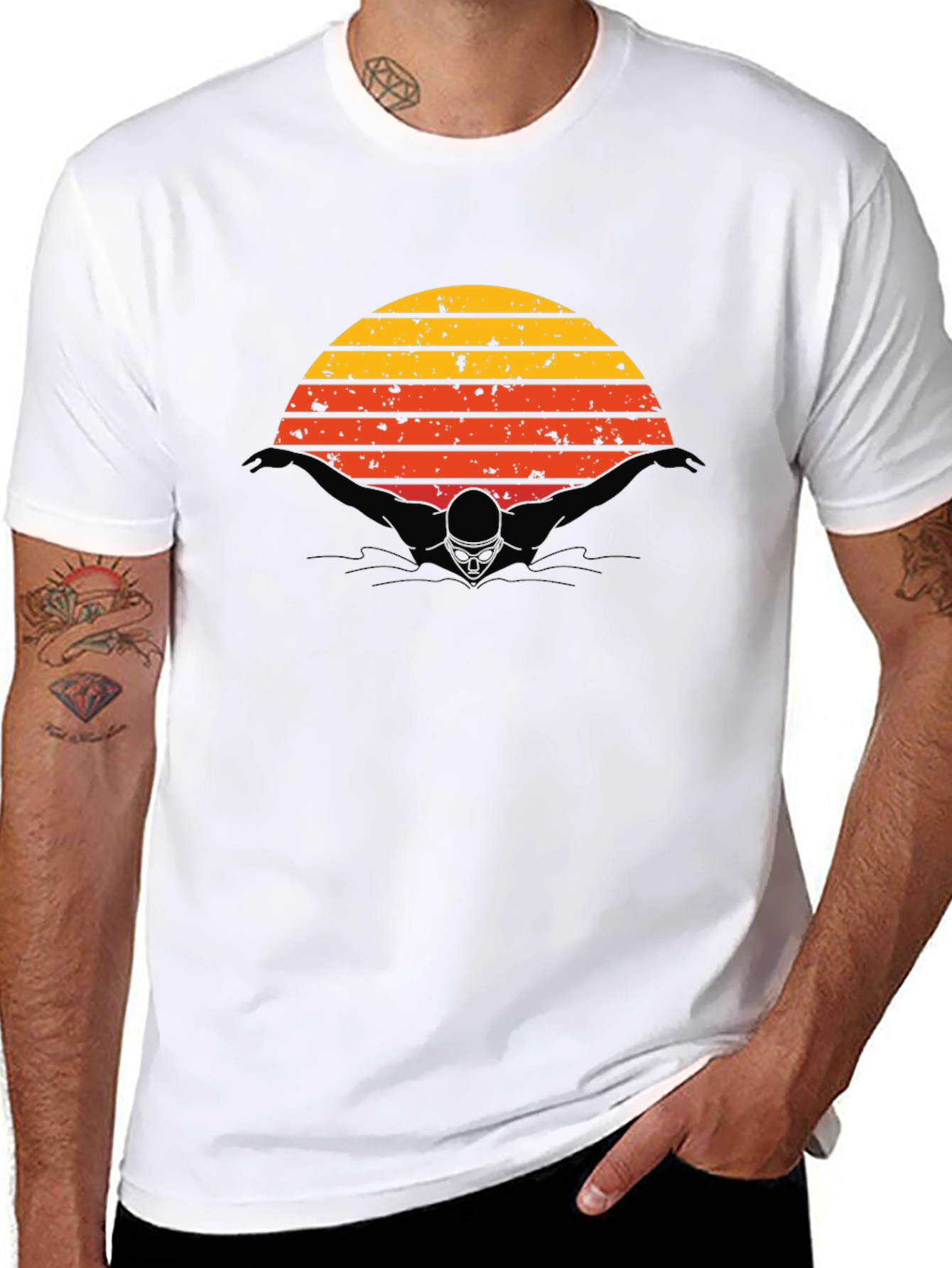 Black Vintage Sunset Swimmer Black T-Shirt view 8