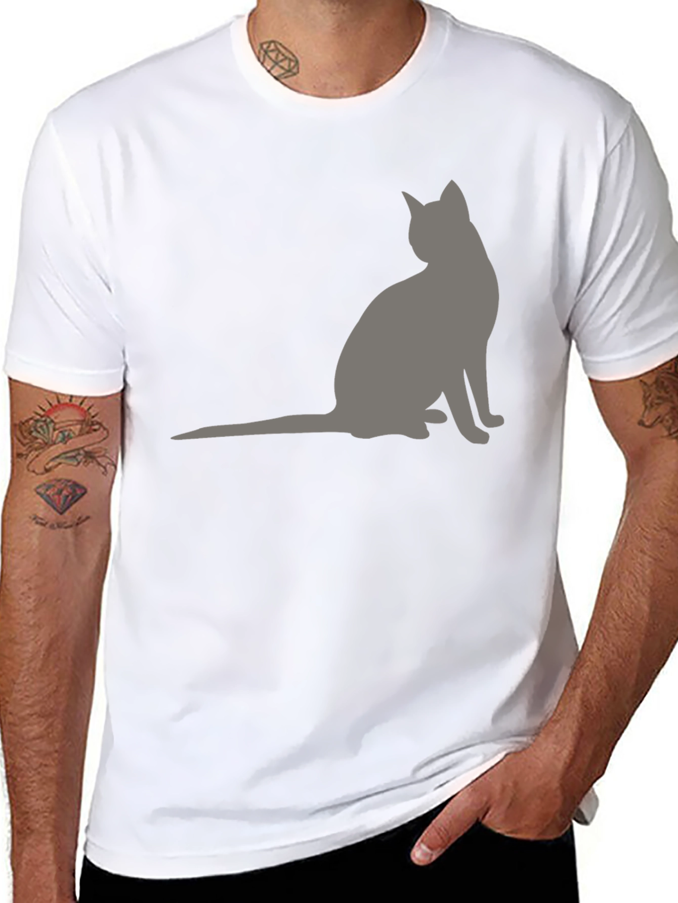 Black Men's Black T-Shirt with Grey Cat Silhouette view 8