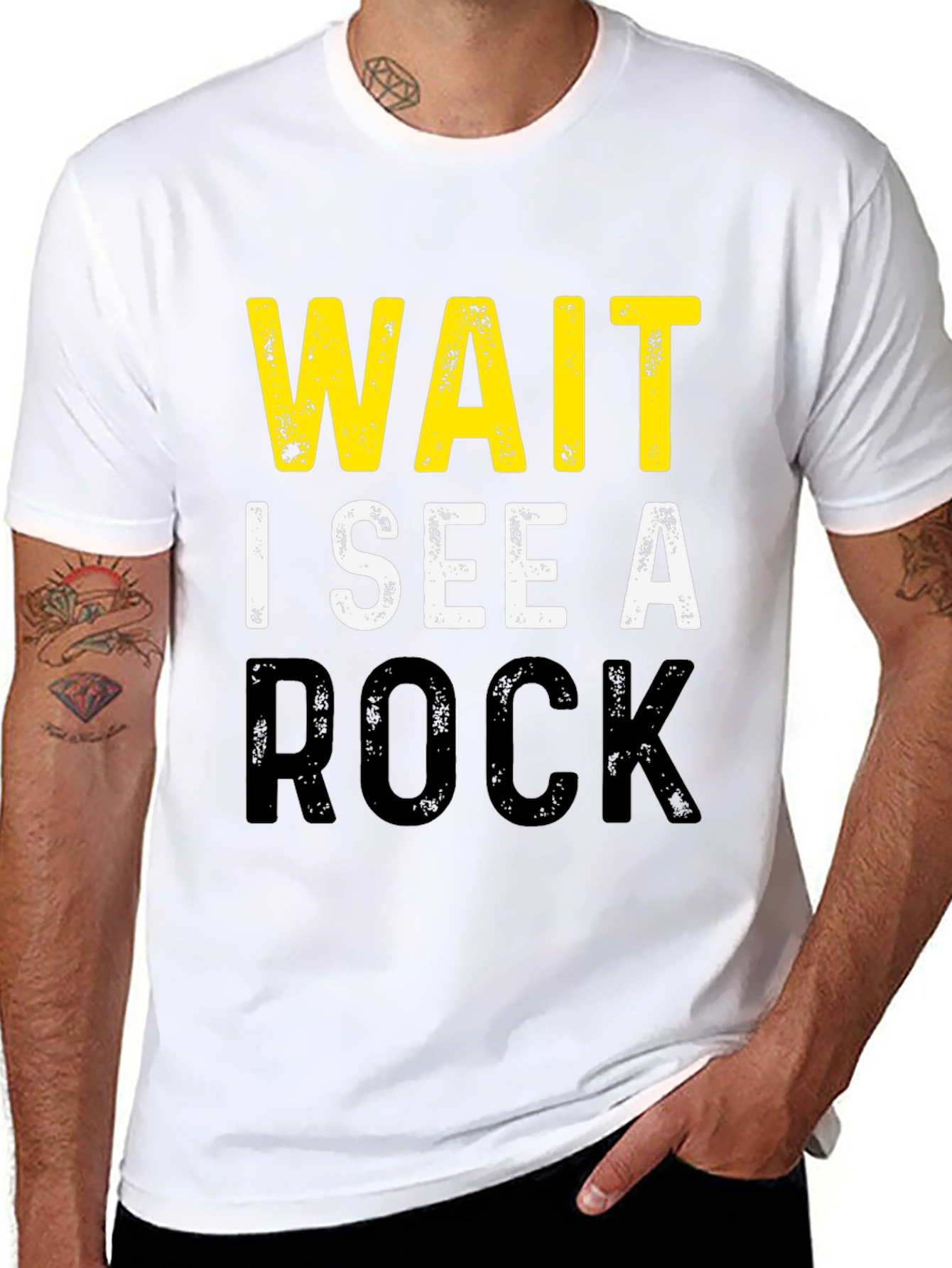 Black Wait I See A Rock Black Graphic T-Shirt view 8