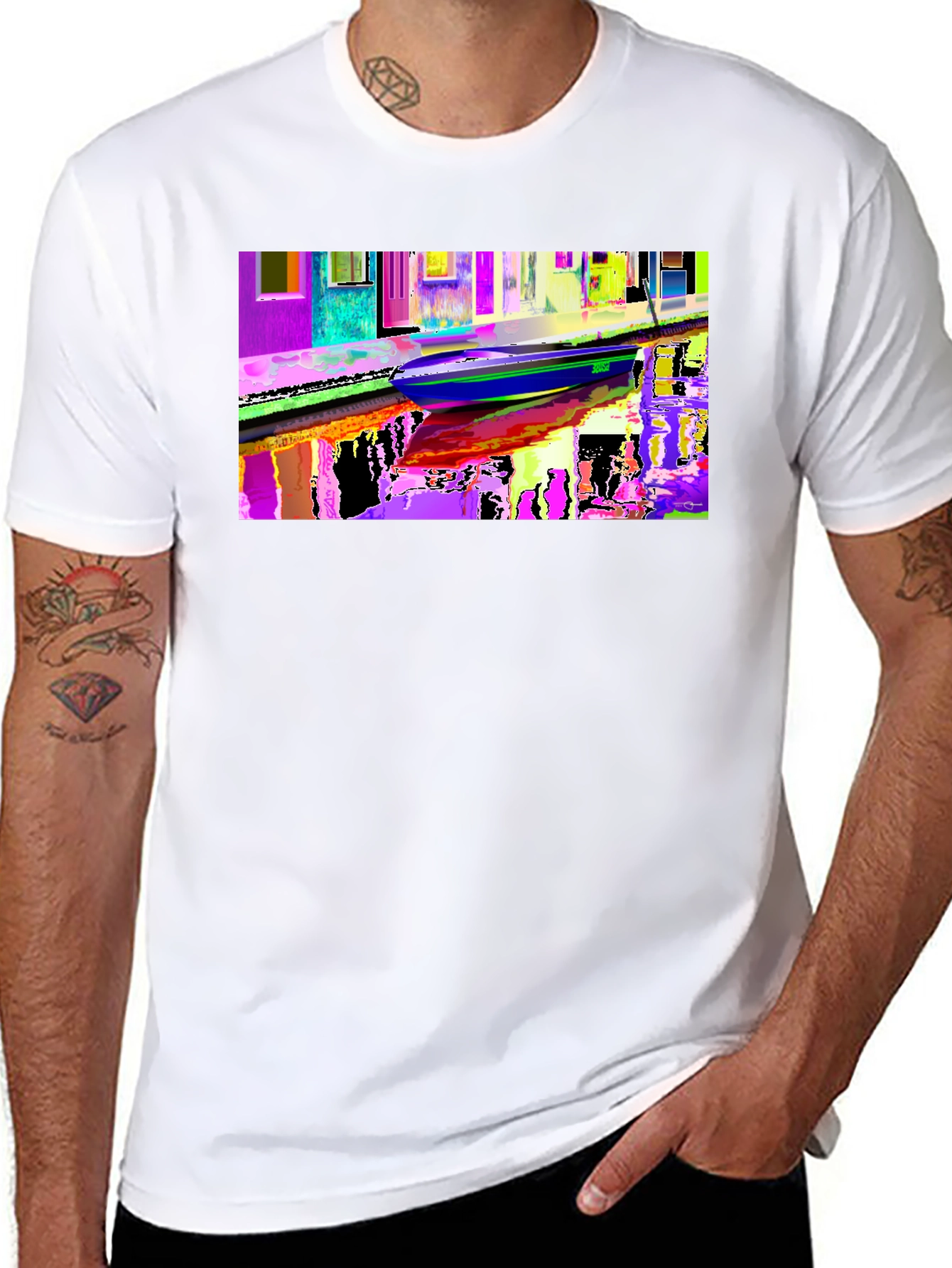 Black Colorful Venice Scene Graphic Black T-Shirt view 8