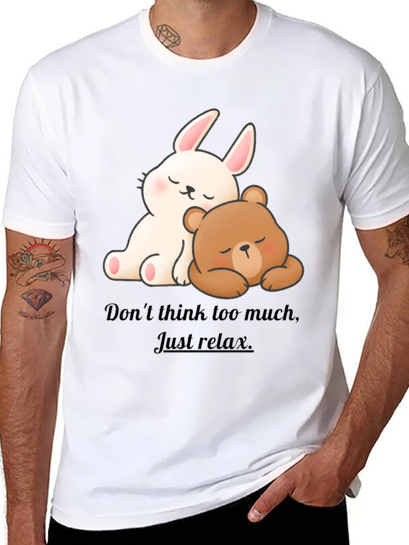 Black Cute Cartoon Bunny & Bear Relax T-Shirt view 8