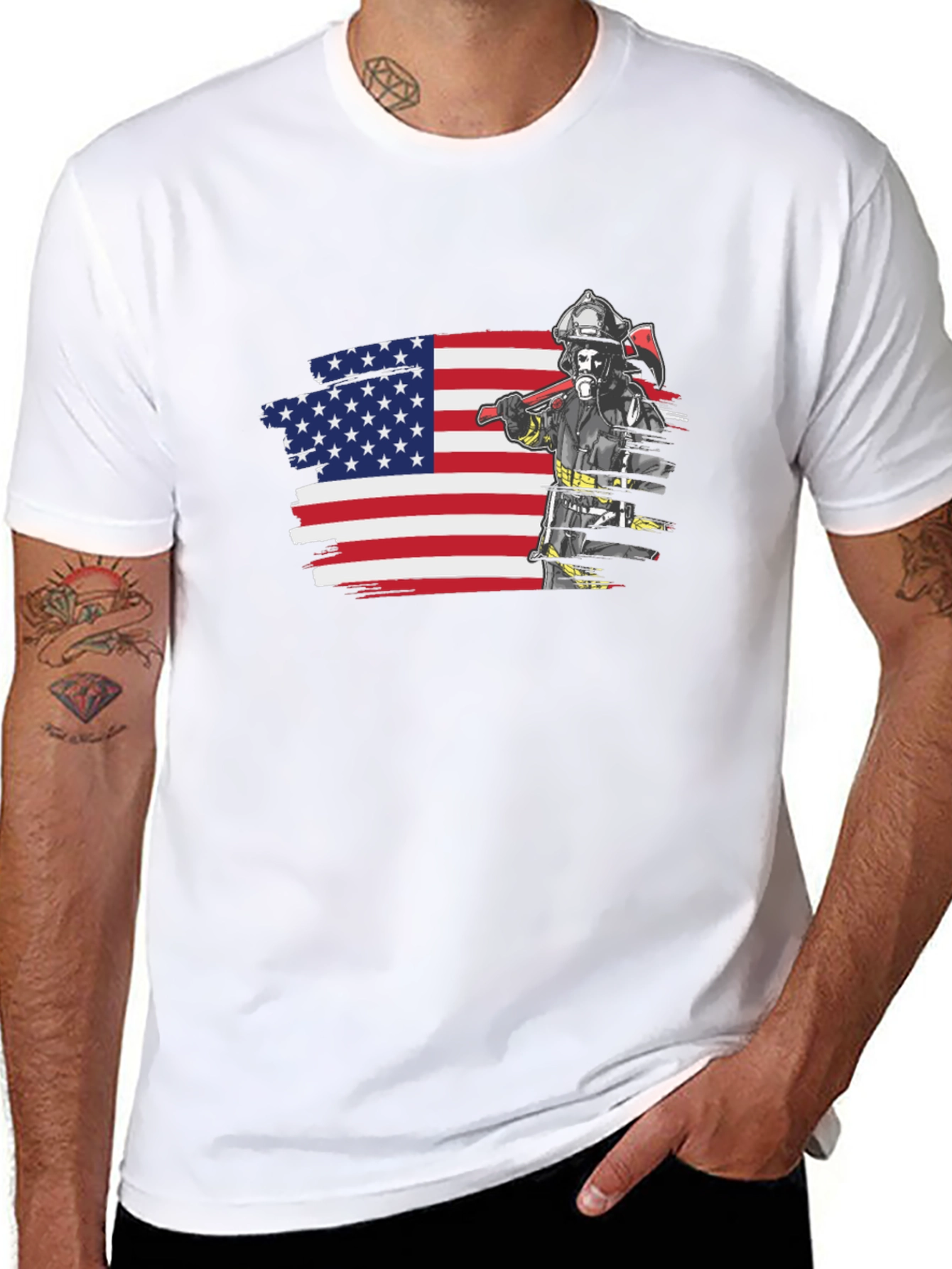 Black Firefighter USA Flag Graphic Tee view 8