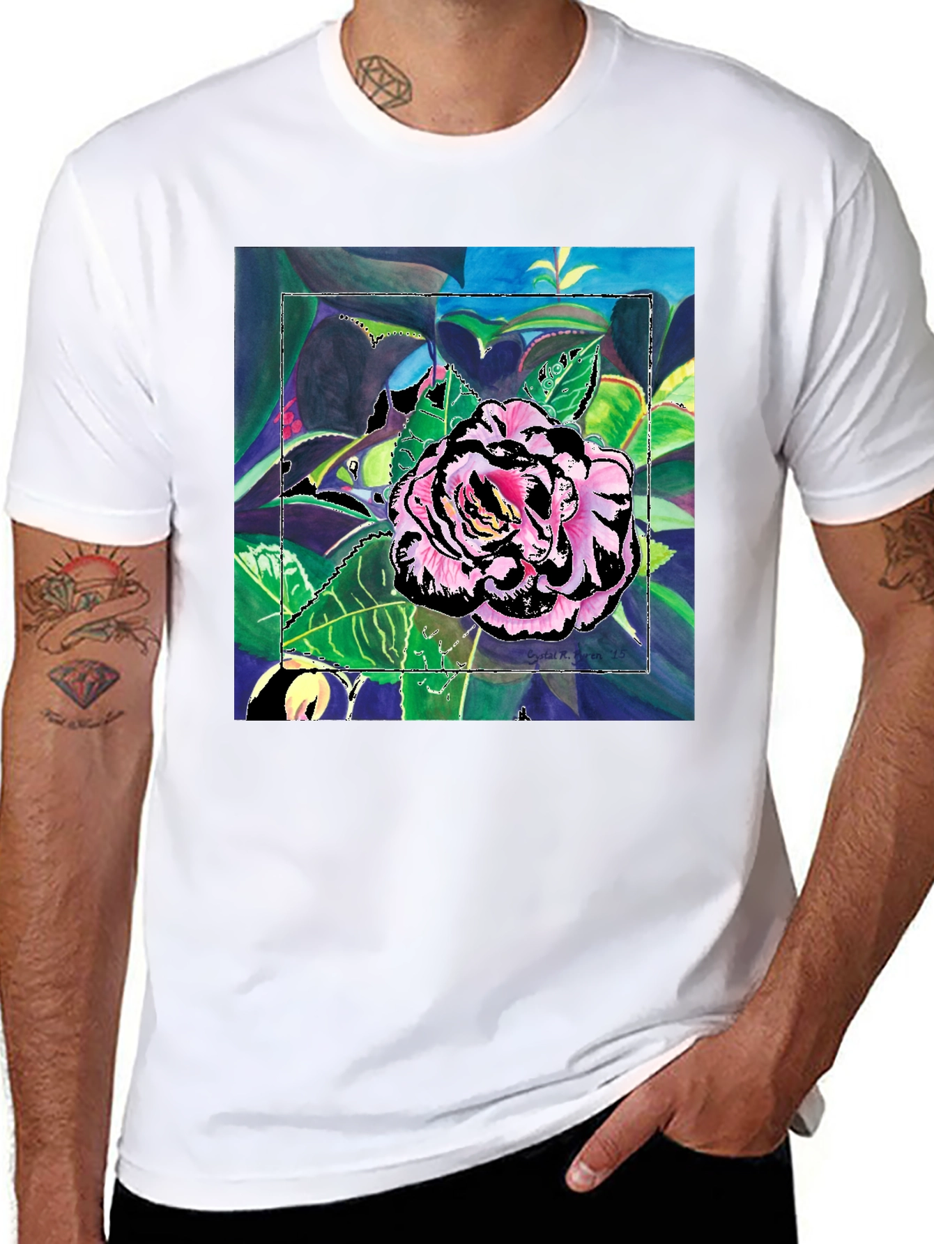 Black Floral Art Print Black T-Shirt view 8