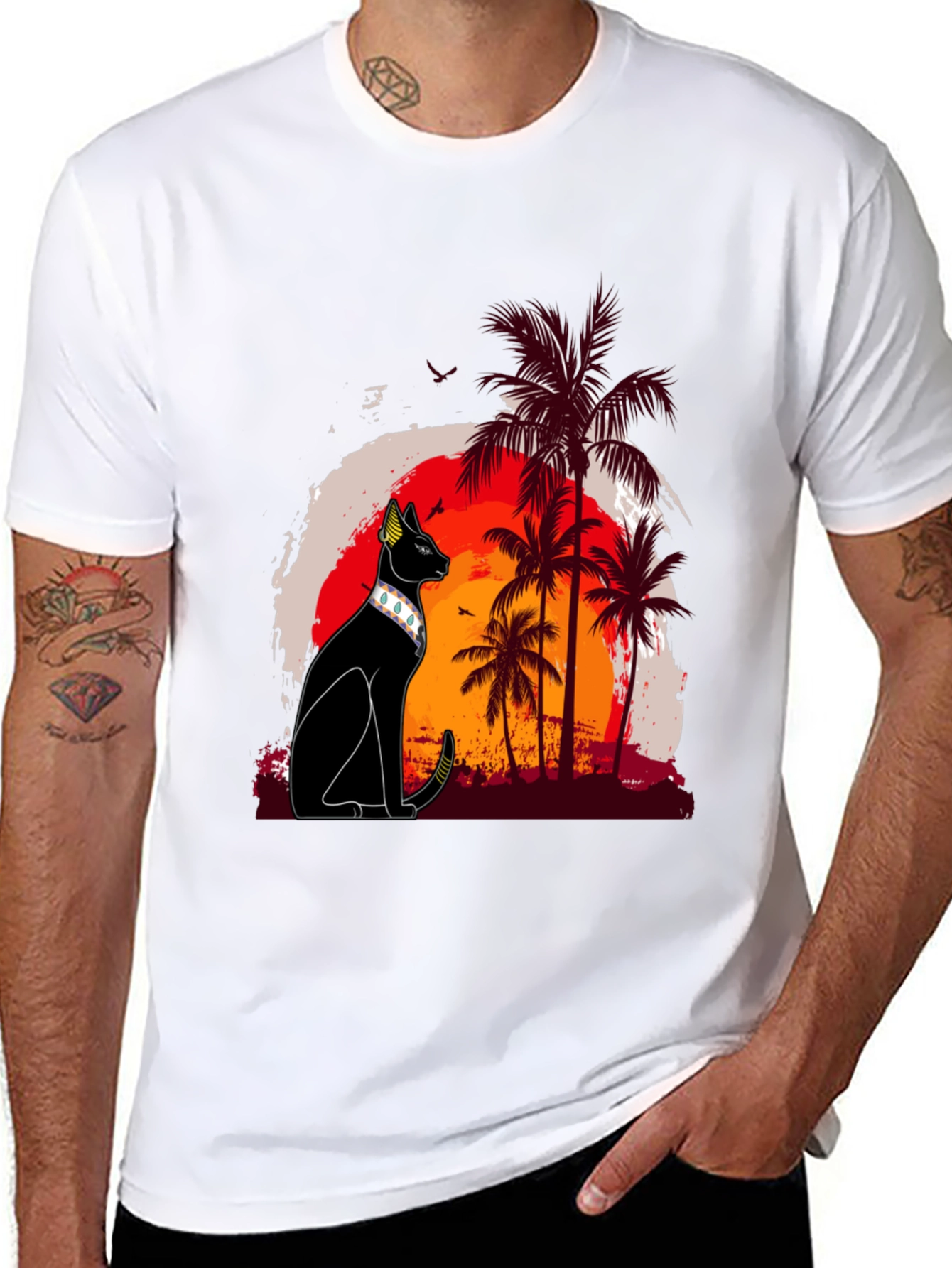 Black Egyptian Cat Palm Sunset Graphic Tee view 8