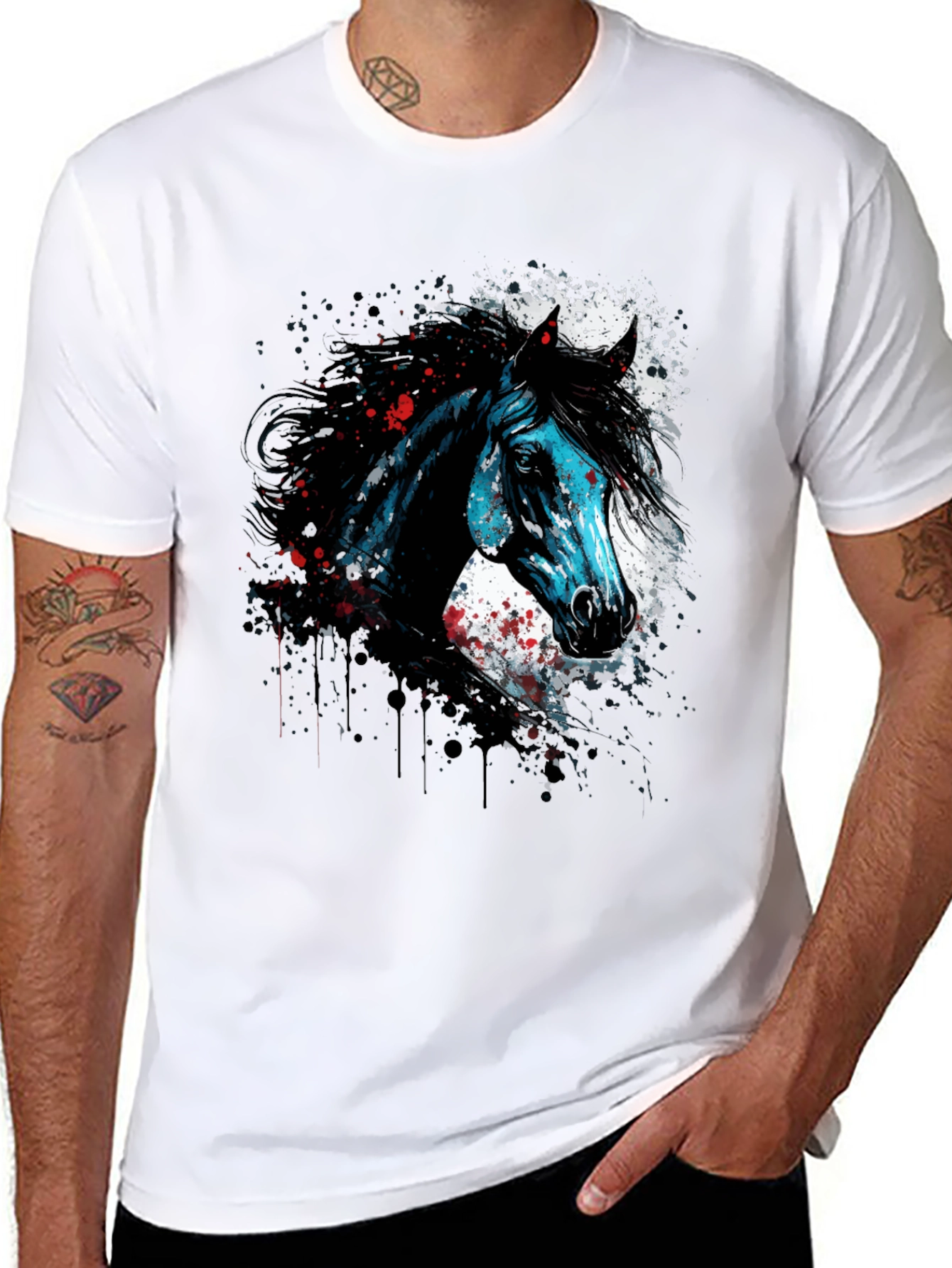 Black Horse Graphic Print T-Shirt, Men's Black Tee view 8