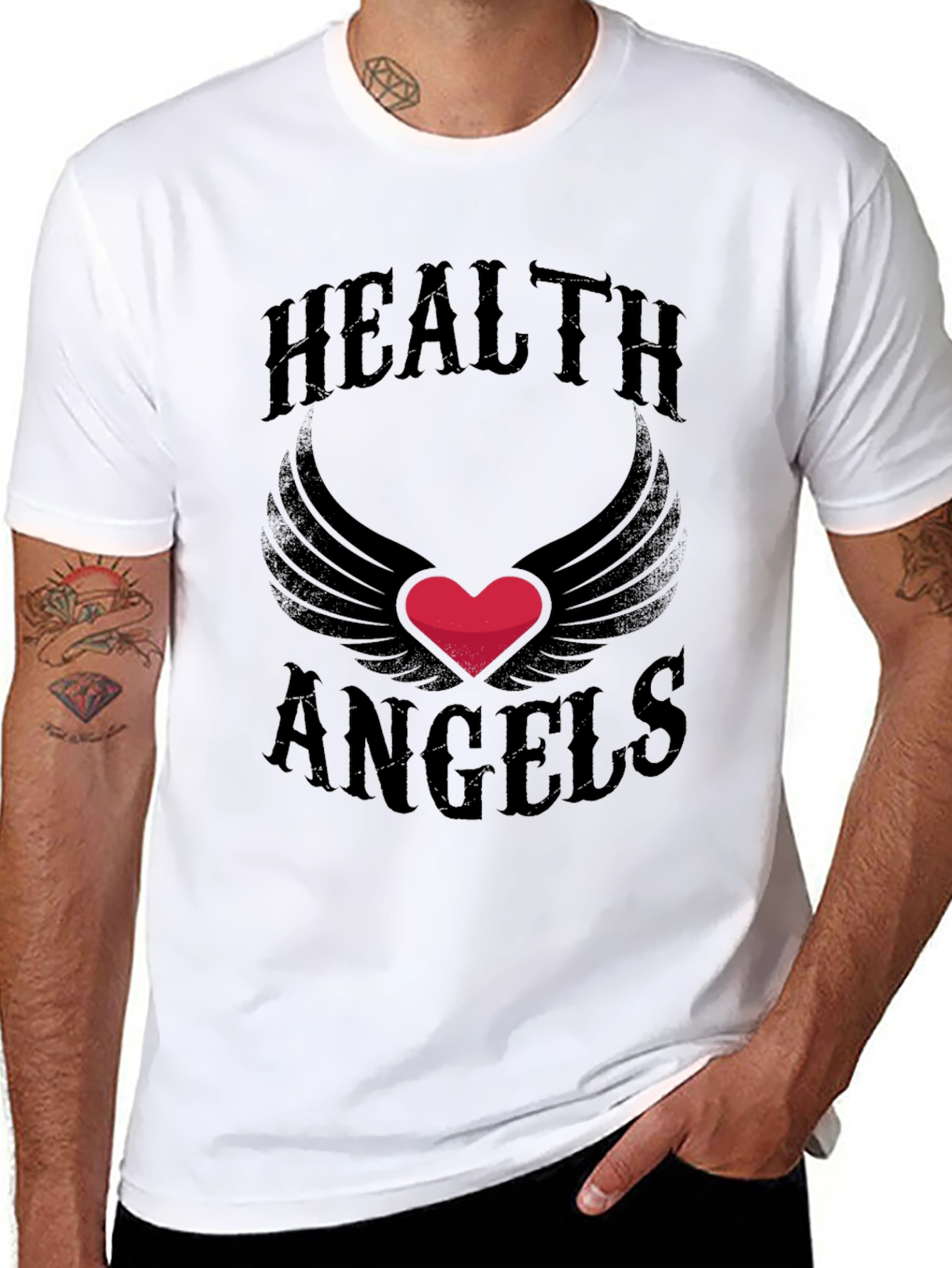 Black Health Angels T-Shirt - Graphic Heart Wings Tee view 8