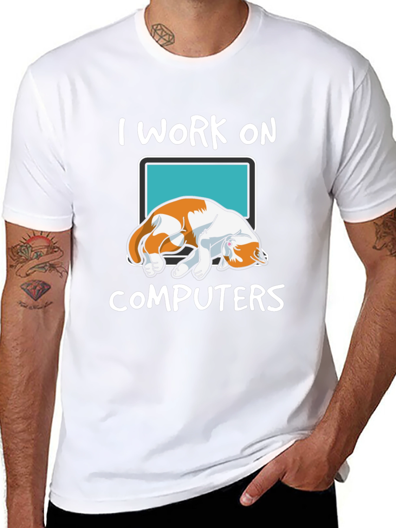 Black I Work On Computers Cat Graphic T-Shirt view 8