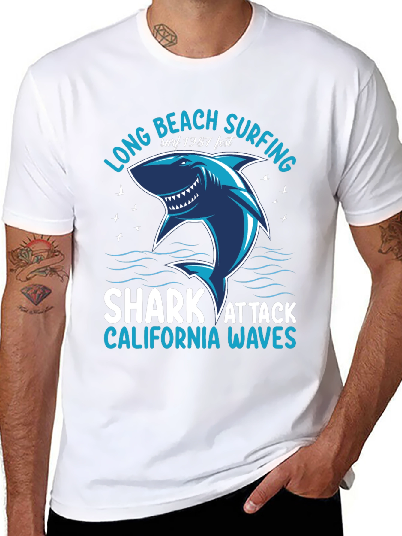 Black Long Beach Surfing Shark Graphic Tee view 8