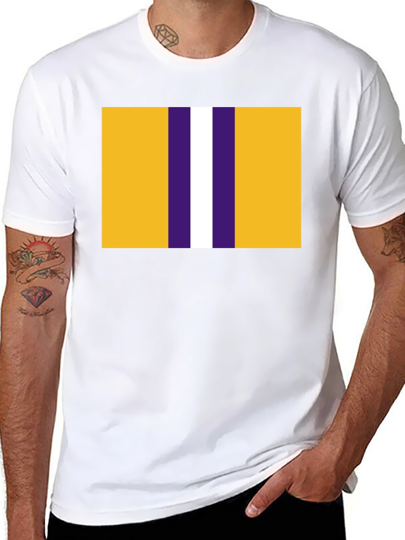 Black Striped Graphic T-Shirt - Gold, Purple, and White Design view 8