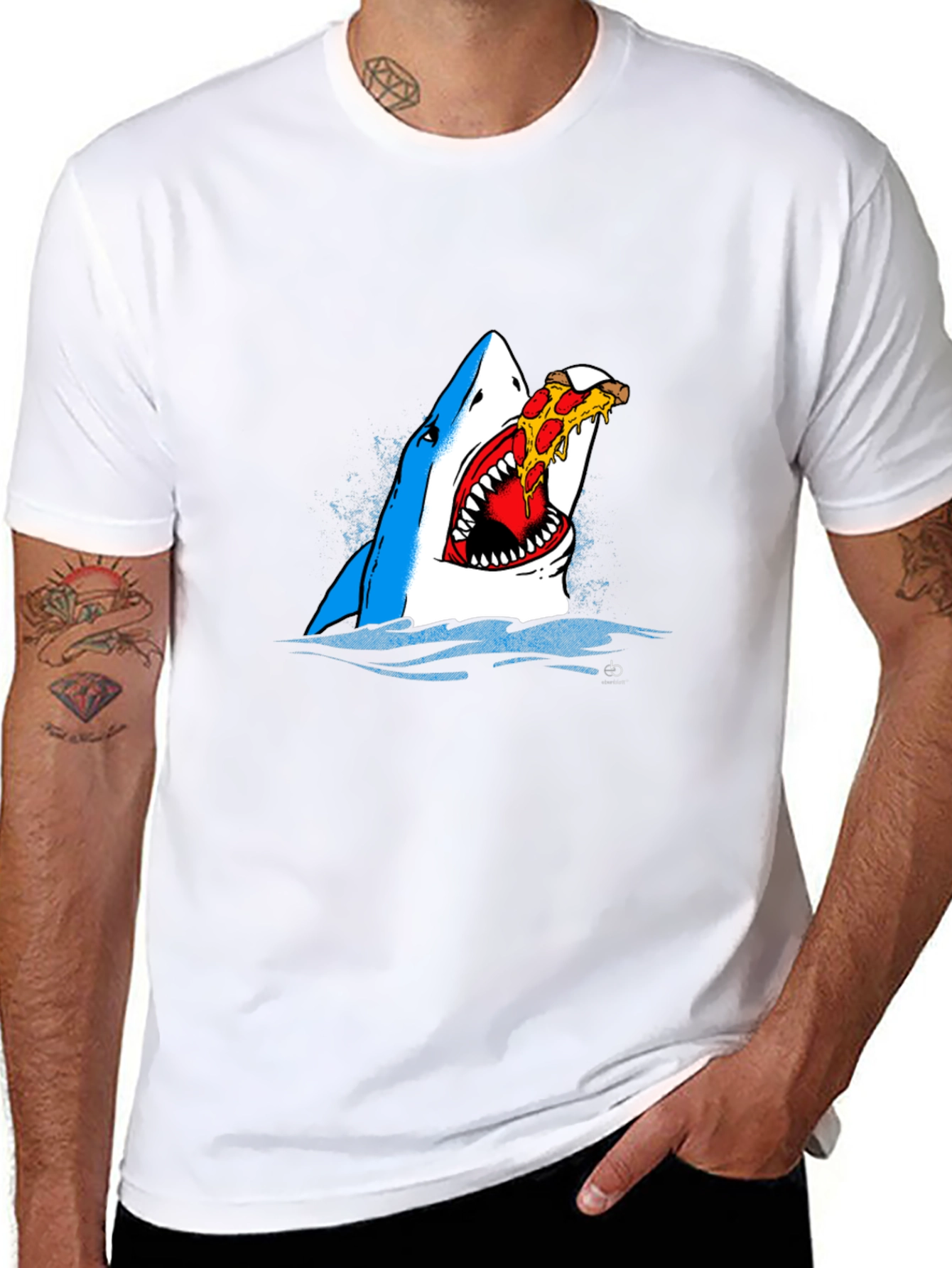Black Shark Eating Pizza Graphic Tee - Novelty T-Shirt view 8