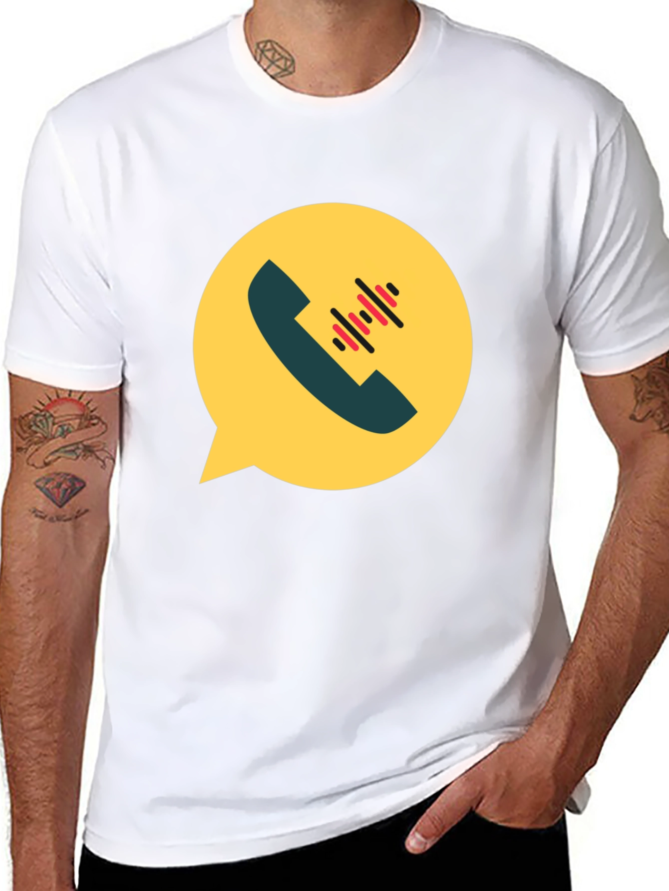 Black Modern Black T-Shirt with Phone Call Graphic view 8