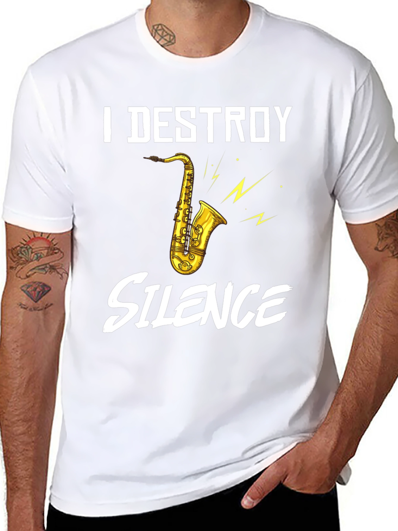 Black I Destroy Silence Saxophone Graphic T-Shirt view 8