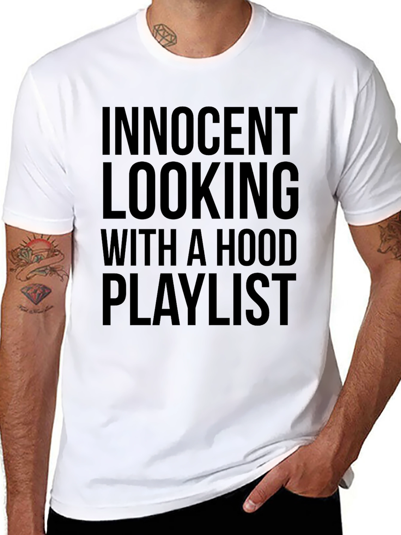 Black Innocent Looking Hood Playlist Black Graphic T-Shirt view 8