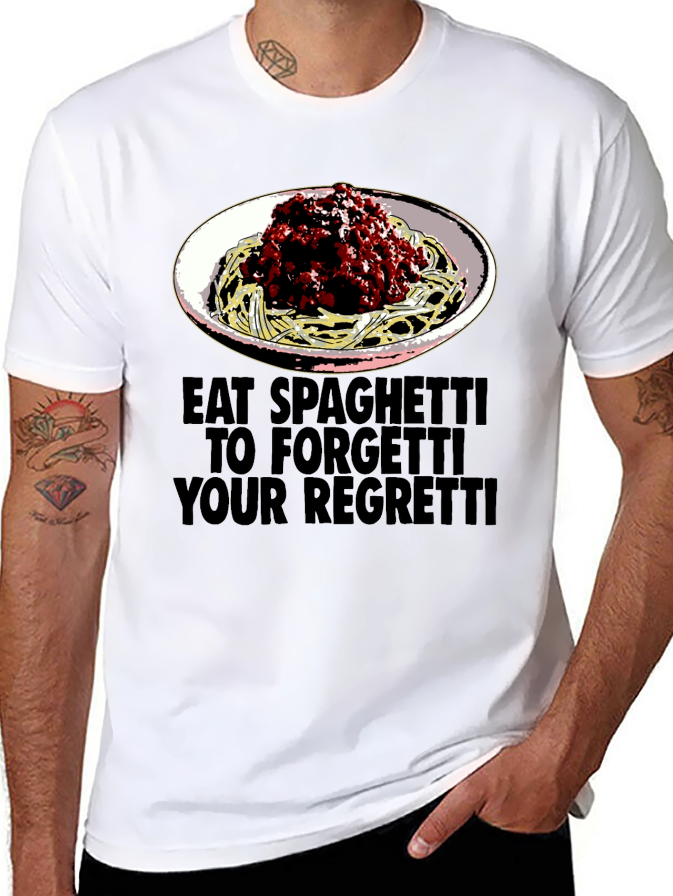Black Eat Spaghetti T-Shirt: Forget Your Regretti Fun Tee view 8