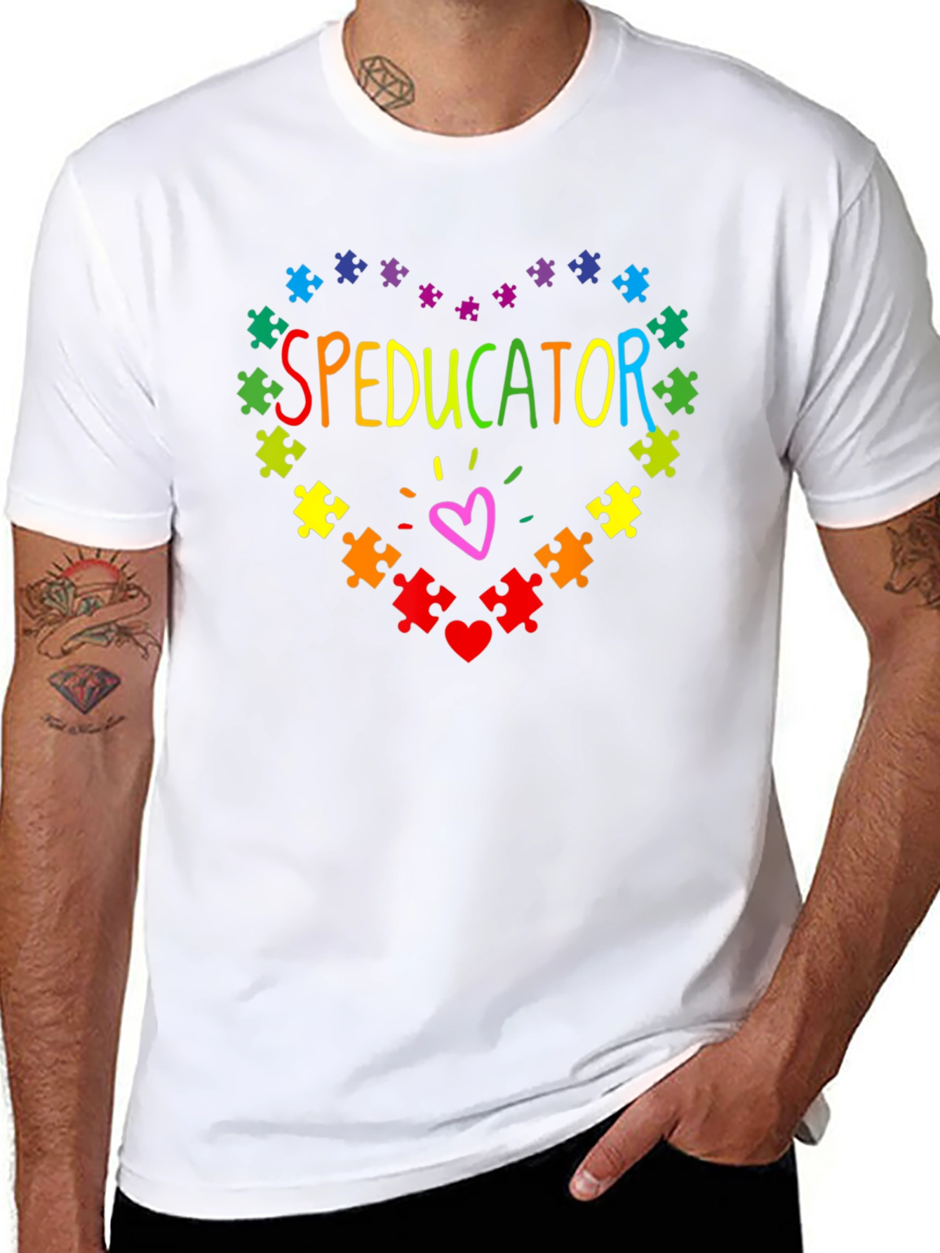 Black Speducator Autism Awareness Puzzle Heart T-Shirt view 8