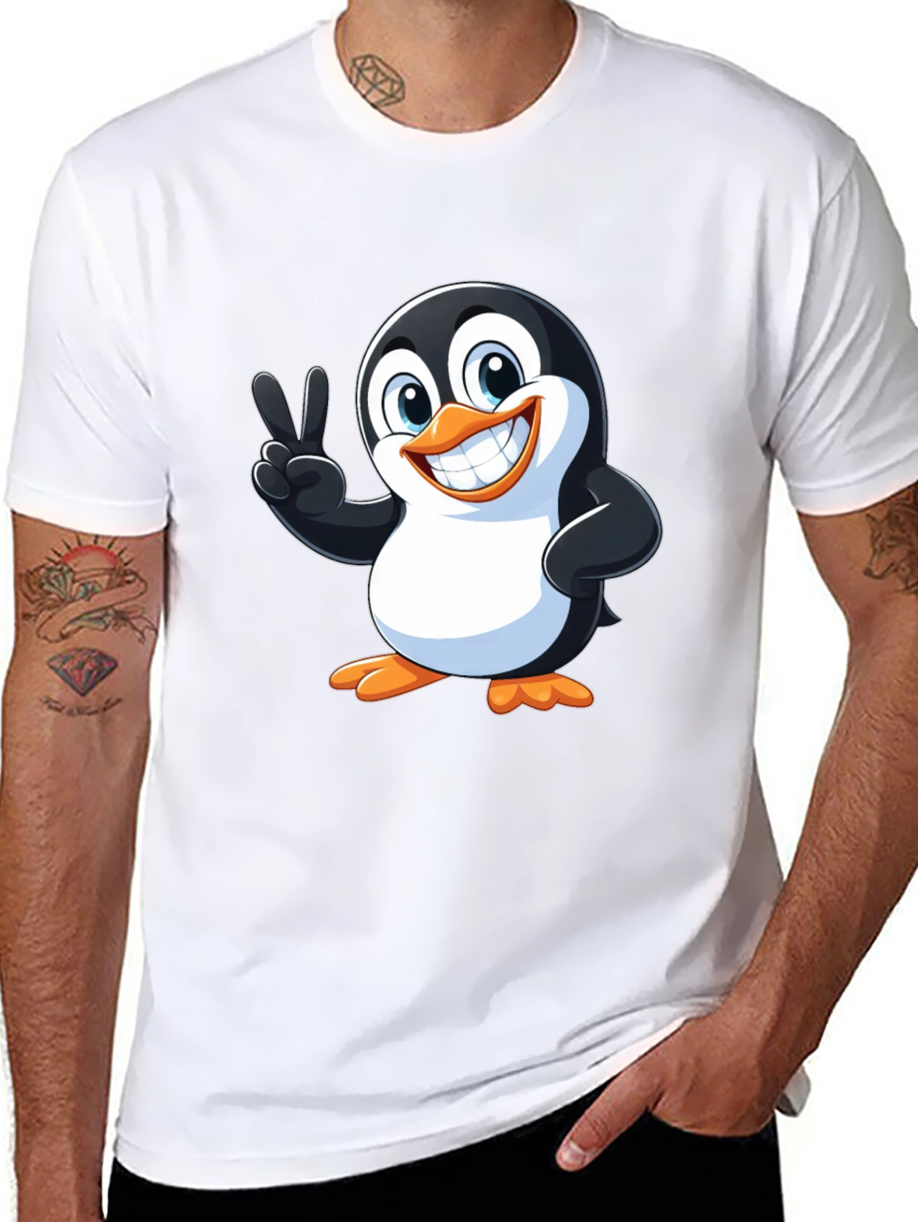 Black Cute Penguin Peace Sign Graphic T-Shirt view 8
