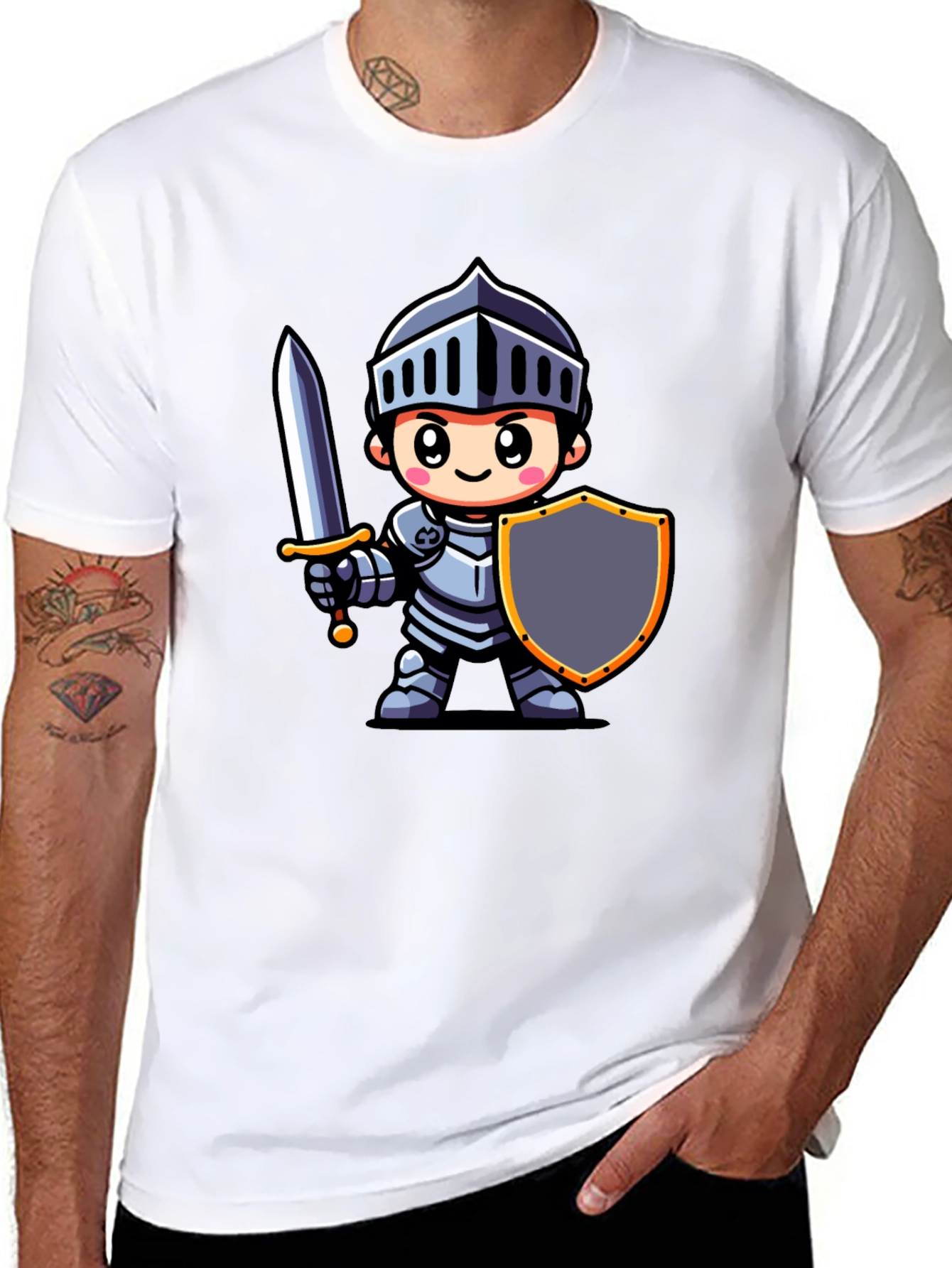 Black Cartoon Knight Graphic Tee - Black Cotton T-Shirt view 8