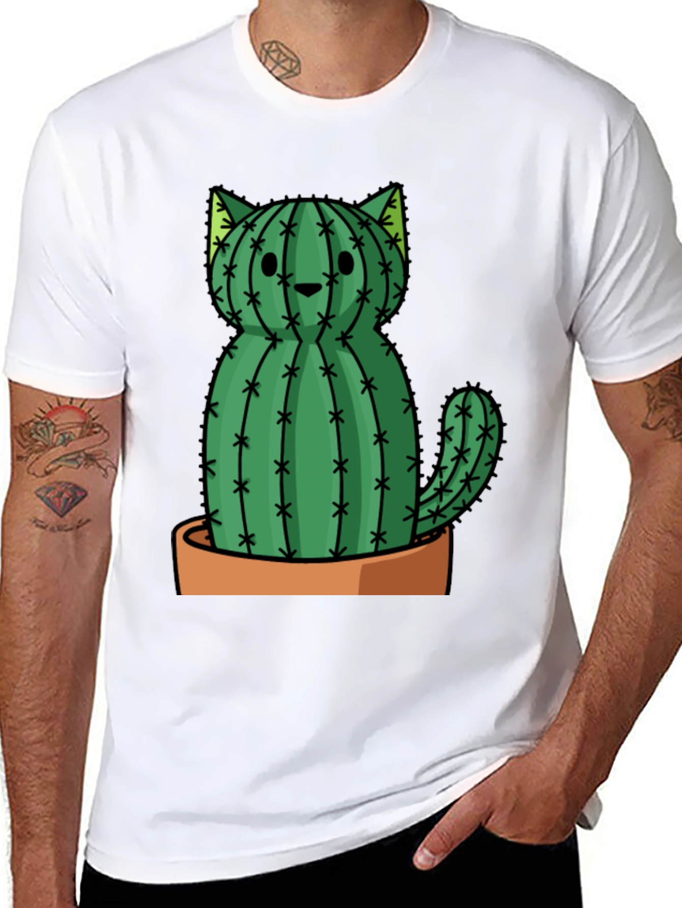 Black Cactus Cat Graphic Tee - Trendy Plant Lover Shirt view 8