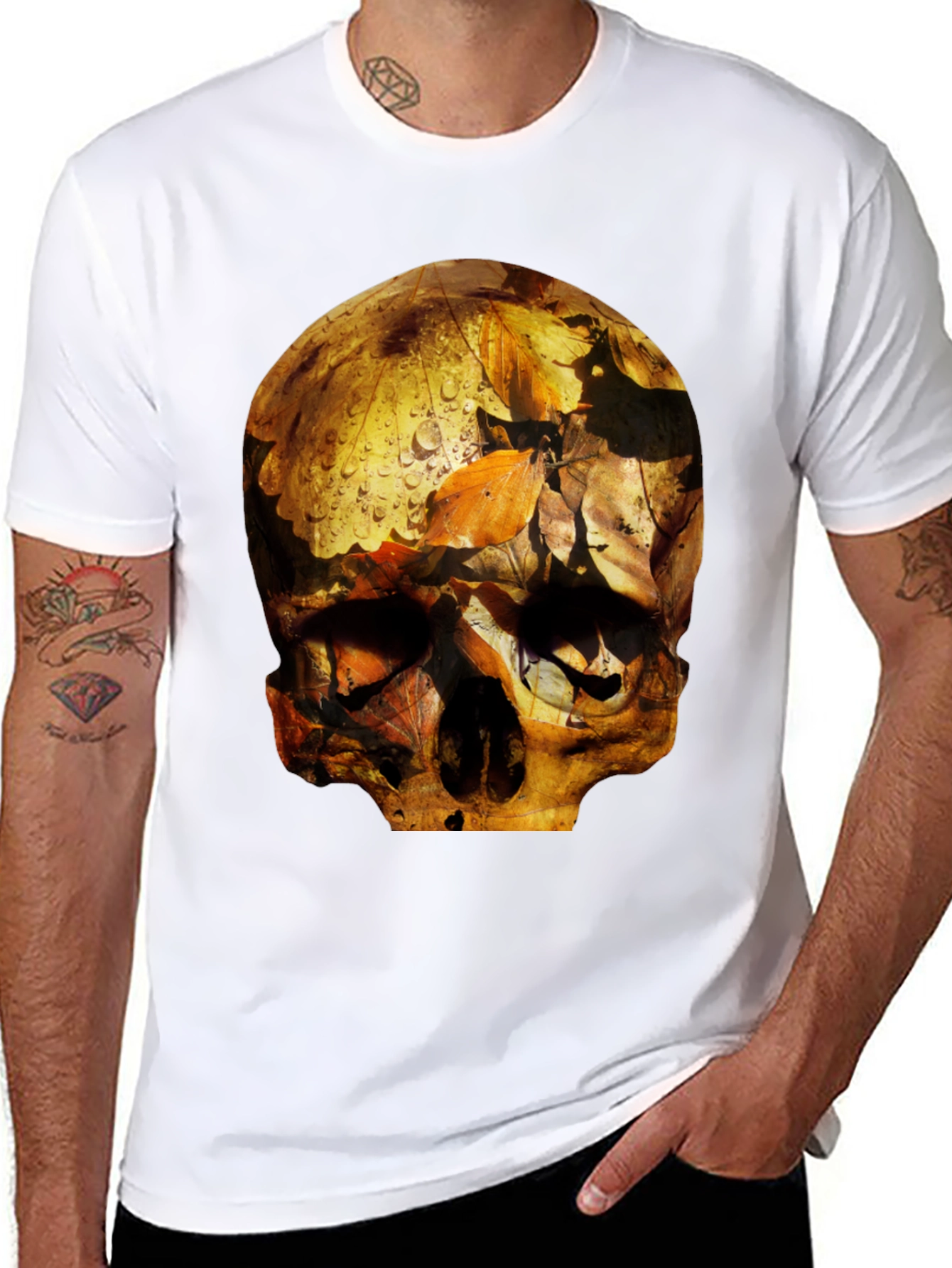 Black Skull Graphic Tee - Fallen Leaves Design view 8