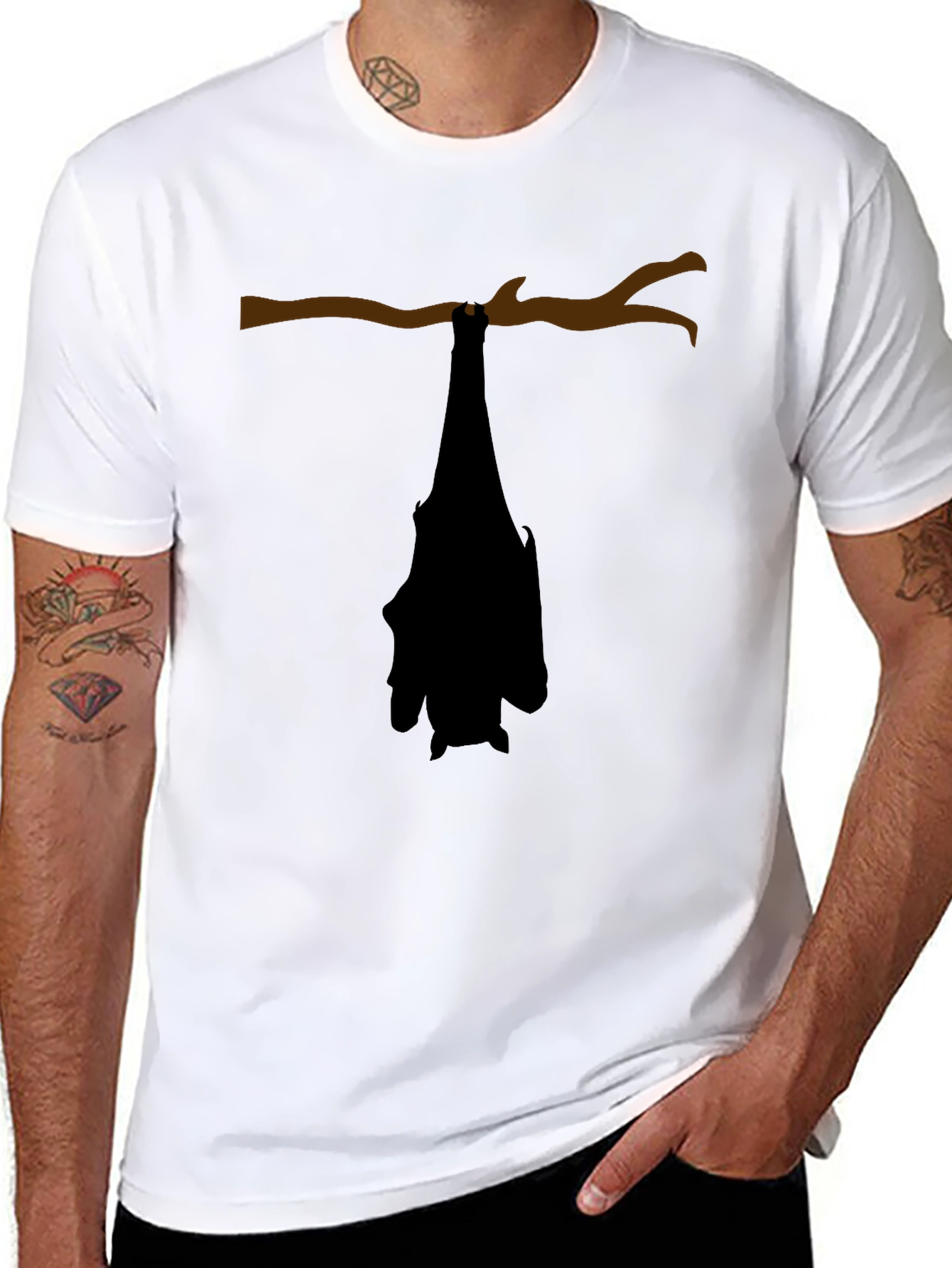 Black Hanging Bat Graphic Tee - Black Cotton Casual Top view 8