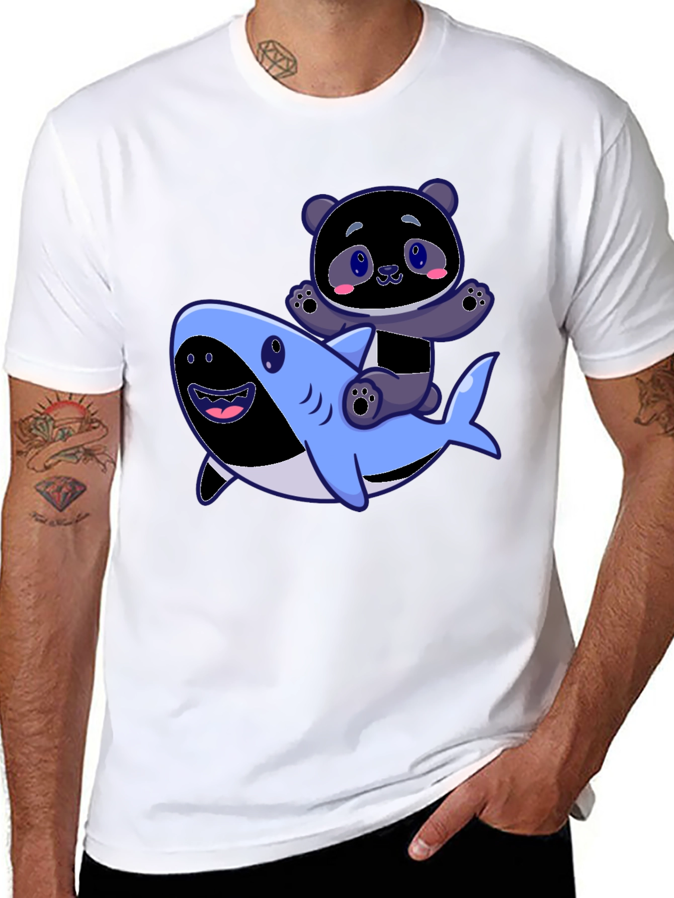 Black Panda Riding Shark Graphic Tee - Fun Black T-Shirt view 8