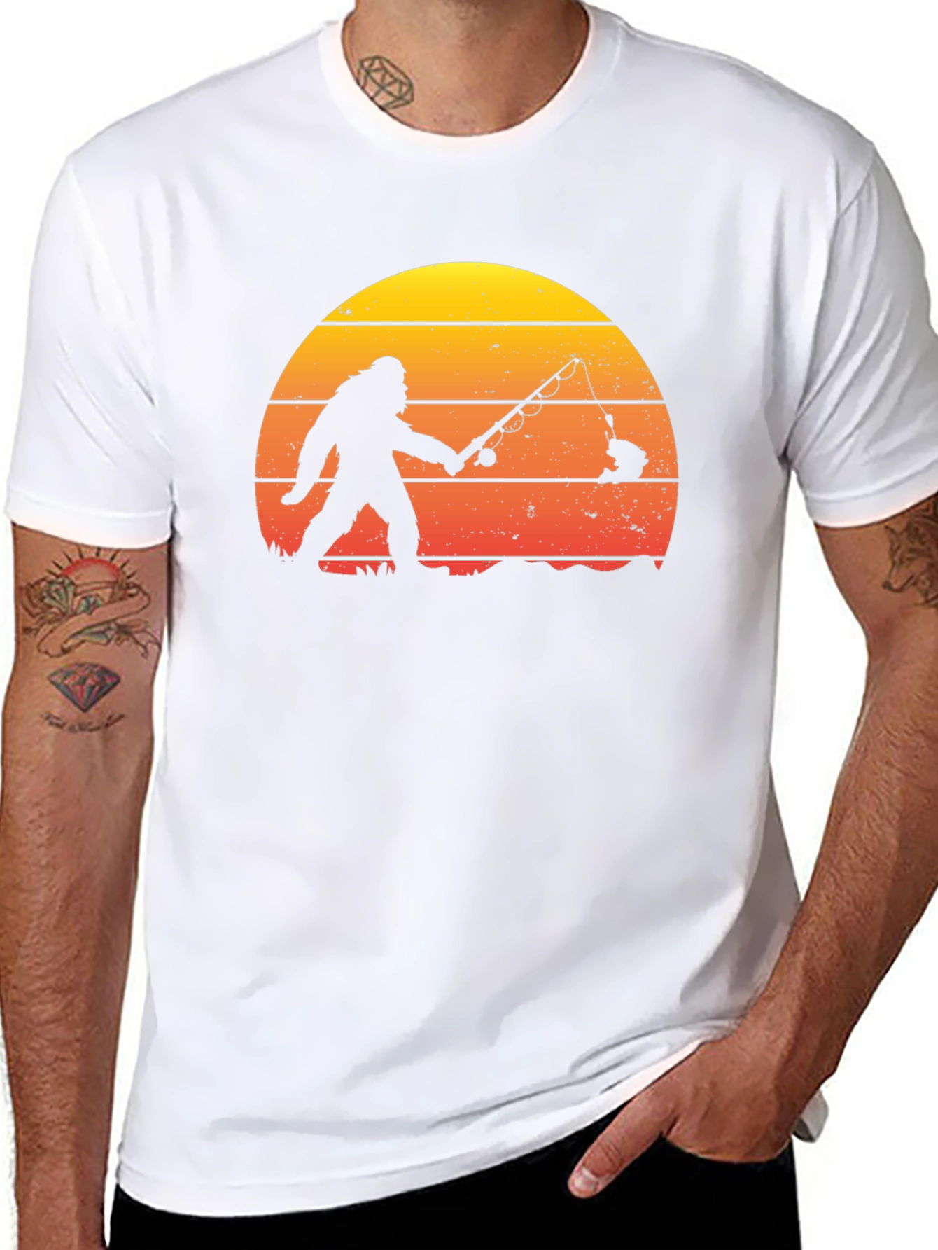 Black Bigfoot Fishing Sunset Graphic T-Shirt view 8
