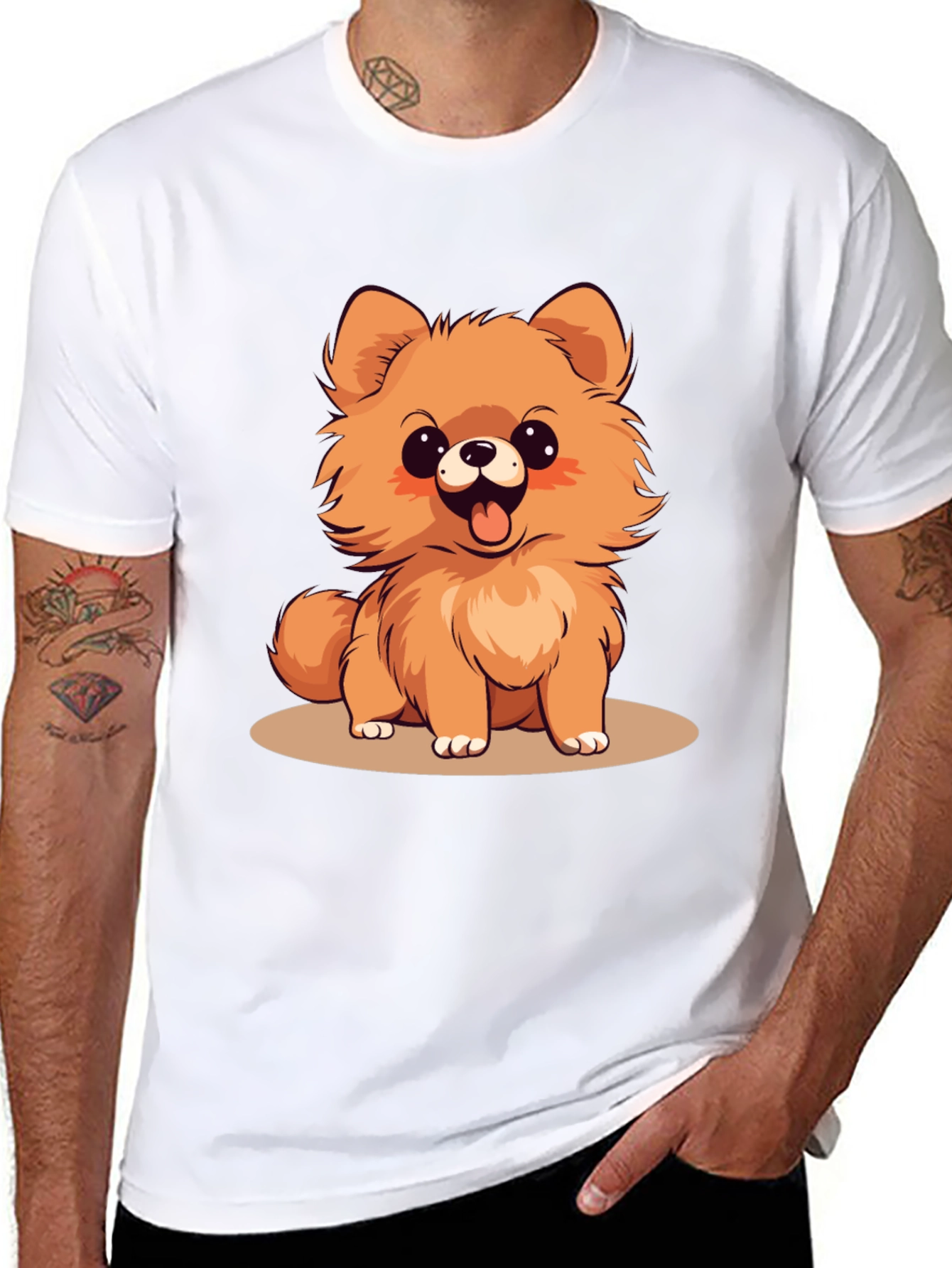 Black Cute Pomeranian Dog Cartoon Graphic T-Shirt view 8