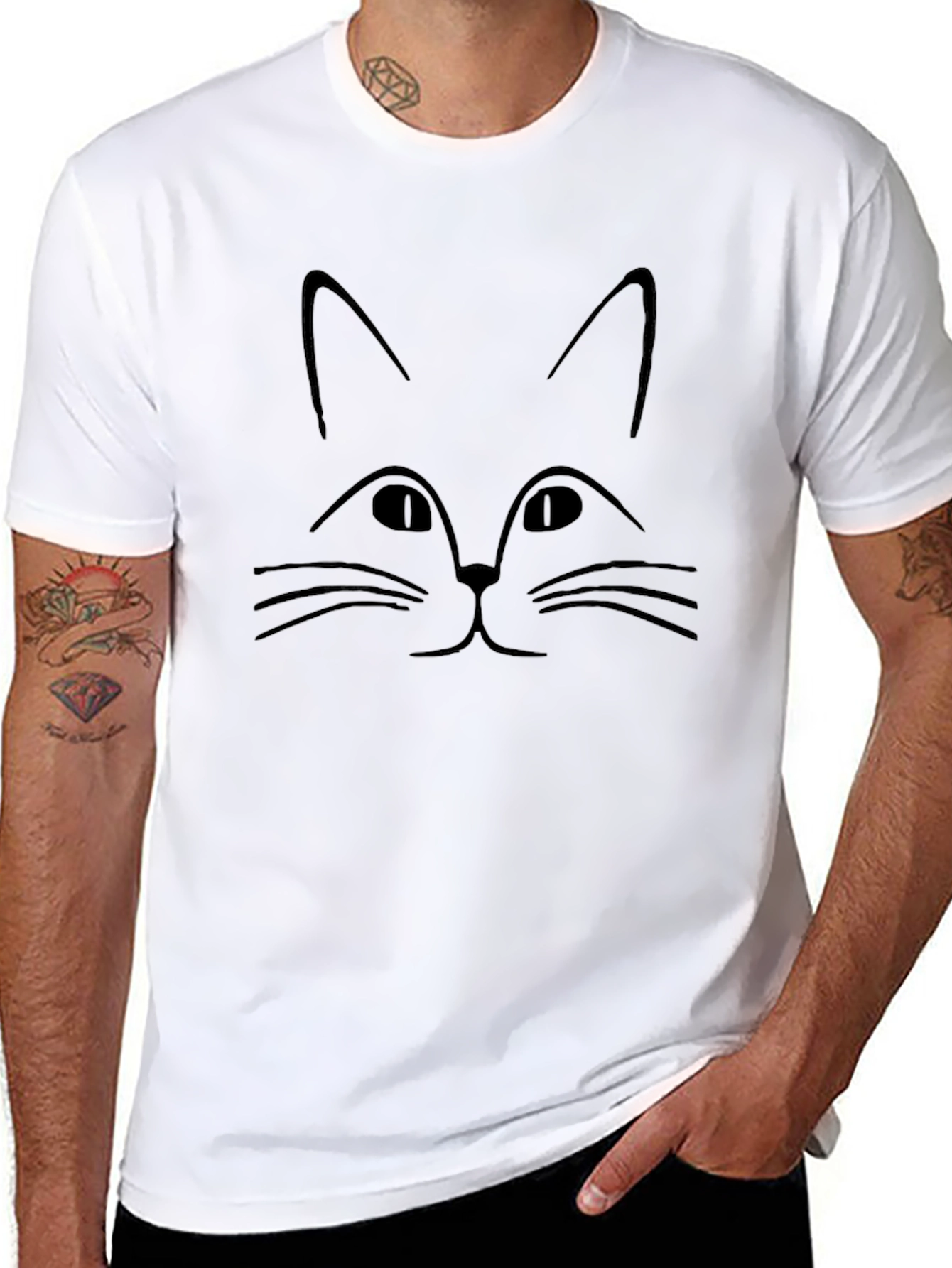 Black Minimalist Cat Face Graphic Black T-Shirt view 8