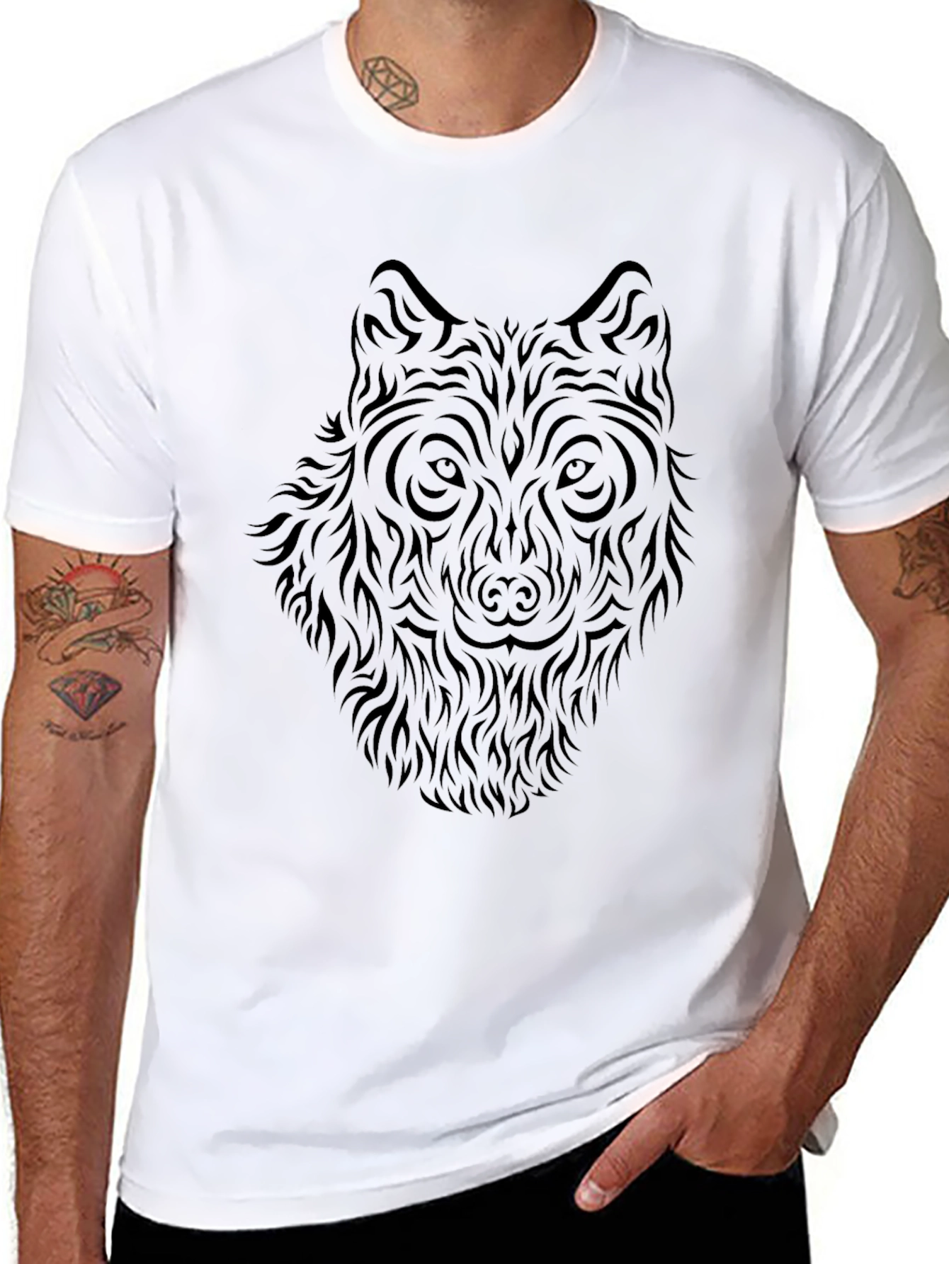 Black Wolf Tribal Graphic Print Black T-Shirt view 8