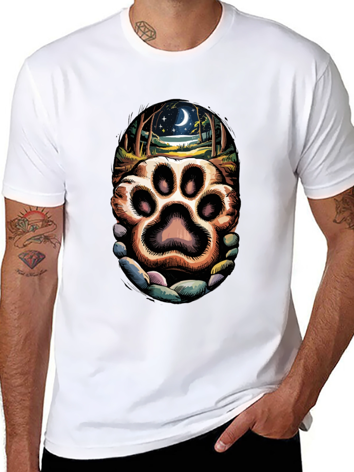 Black Paw Print Moonlit Forest Graphic Tee view 8