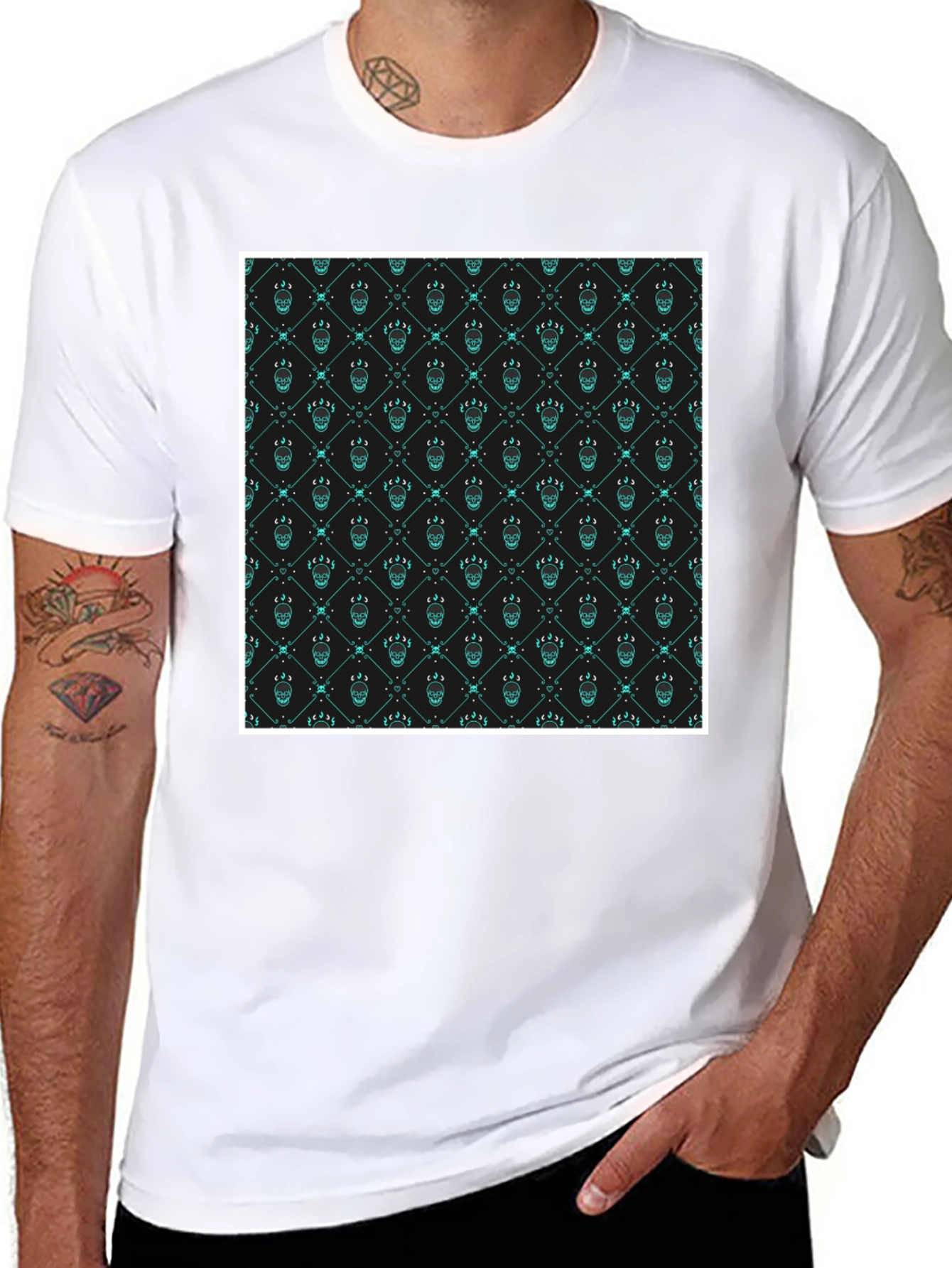 Black Patterned Graphic Print Crew Neck T-Shirt view 8