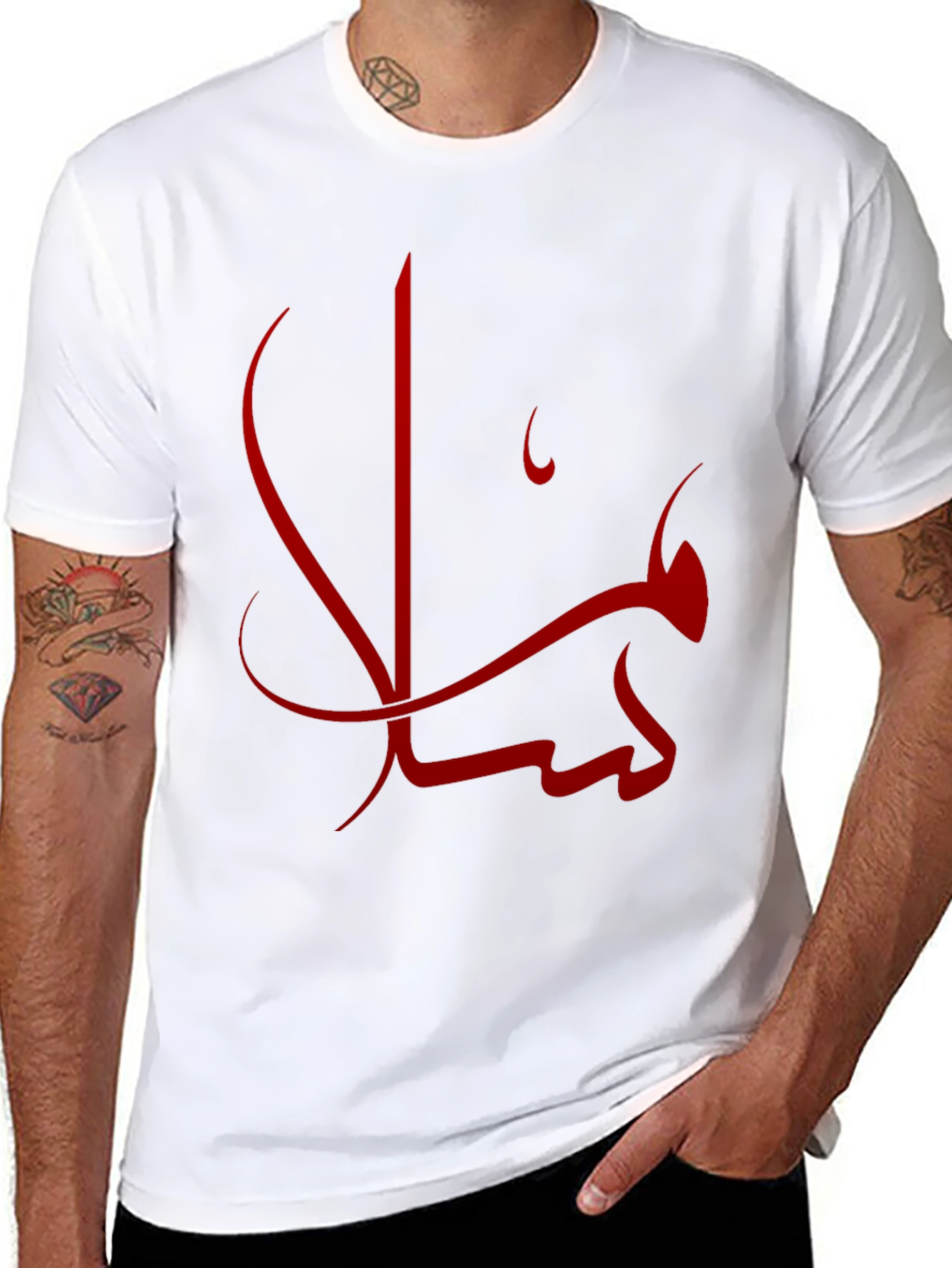 Men's Black T-shirt with Red Arabic Calligraphy - 8